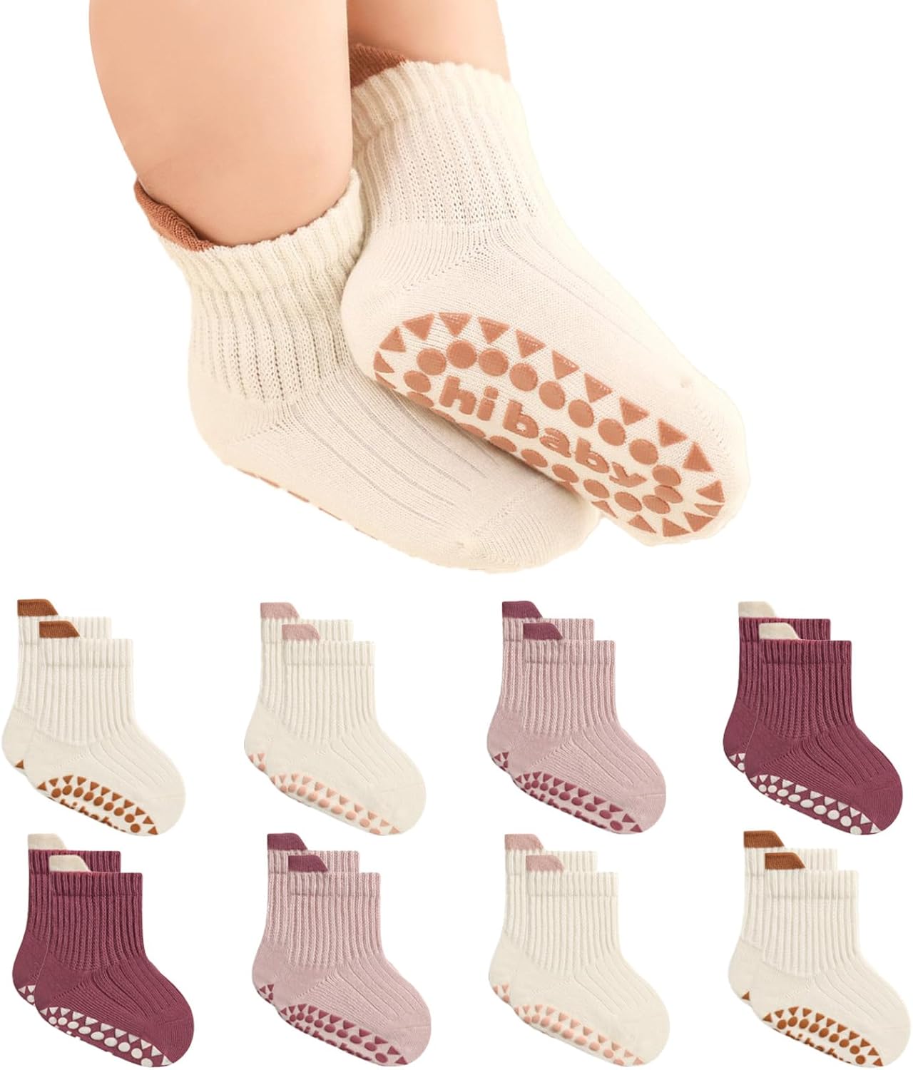 BONANGEL Baby Socks with Grips, 8 Pairs Non Slip Cotton Ankle Socks for Toddler Girls Boys Infants Kids 0-5 Years Old