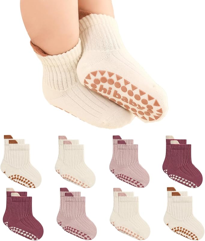 BONANGEL Baby Socks with Grips, 8 Pairs Socks for Toddler Girls Boys | Non Slip Cotton Ankle Socks for Kids 6M-5 Years Old, Soft and Breathable, Smooth Toe, Easy-Pull Tabs Design