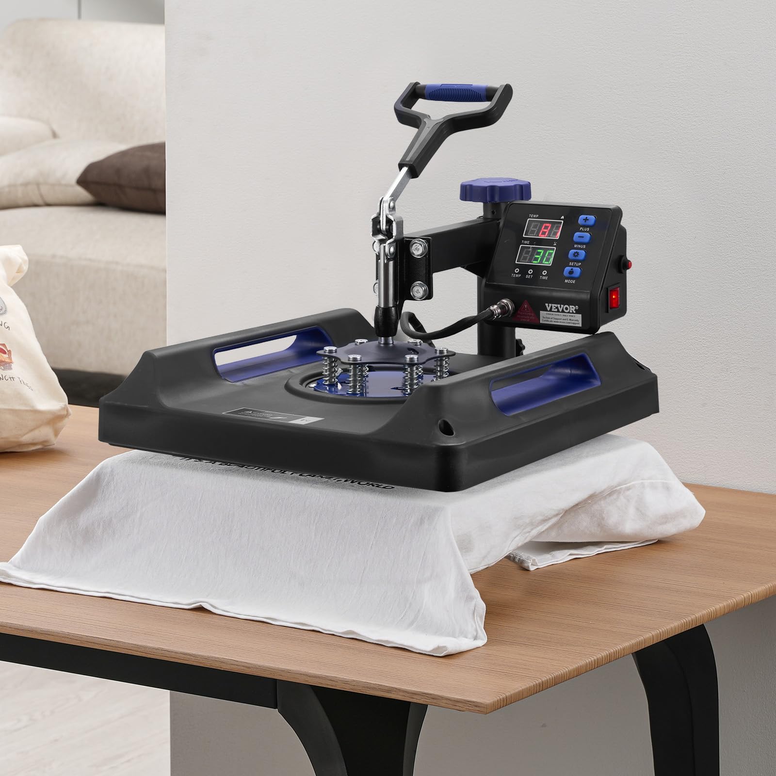VEVOR Presse à Chaud 8-en-1, Plaque Chauffante 38x38 cm, Machine de Sublimation Textile avec Presse à Tasses 89 cL, Pivotant à 360°, Pressage Numérique, T-shirt/Chapeau/Tasse/Assiette, Noir et Bleu