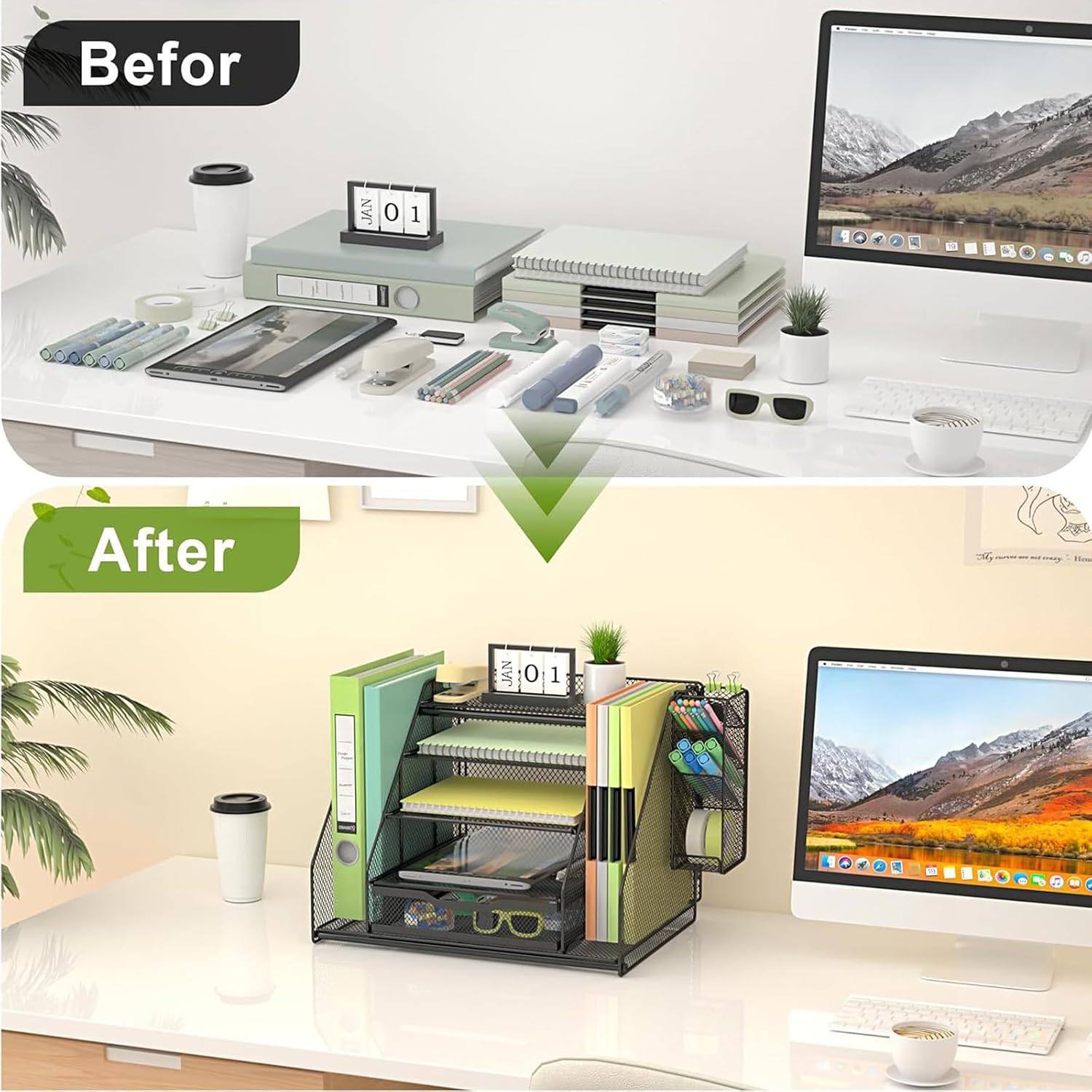 Desk Organizer, 5 Tier File Organizer for Desk with Sliding Drawer and Pen Holder, Mesh Desktop Organization with Magazine Holder for Office Supplies