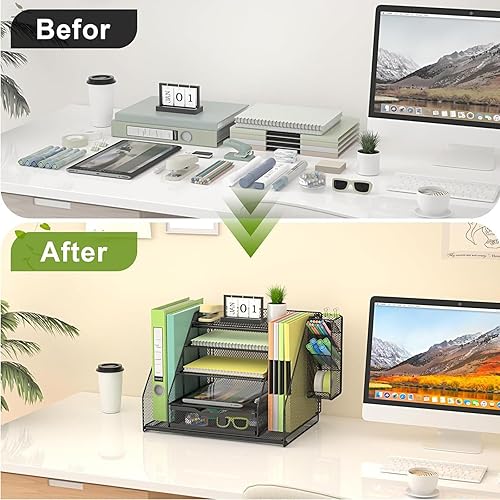 Miniatura 3 de Organizador de escritorio, organizador de archivos de 5 niveles para escritorio con cajón deslizante y soporte para bolígrafos, organización de