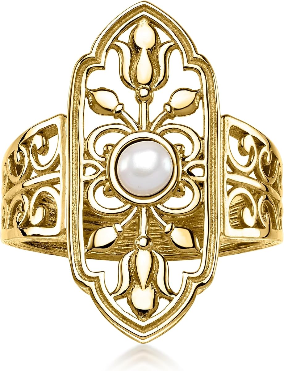 Ross-Simons 14kt Yellow Gold-Plated Floral Openwork Ring With 4mm Cultured Pearl