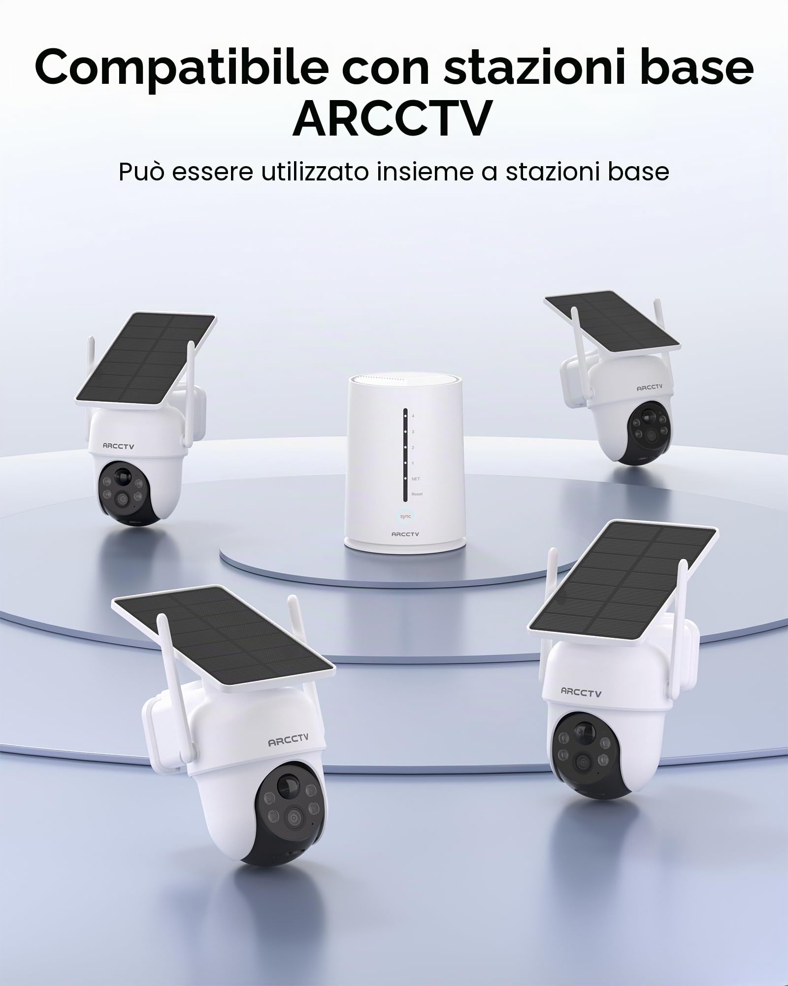 ARCCTV Telecamera di Sorveglianza per Esterni, Telecamera Batteria Esterno | 100% Wireless, Rotazione a 360°, Rilevamento del Movimento, Pannelli Solari Integrati, Adatta per Kit Telecamere ARCCTV