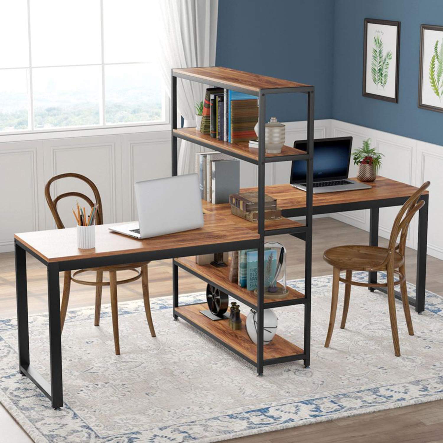 Amazon.com: Two Person Computer Desk with Bookshelf 90 Inches