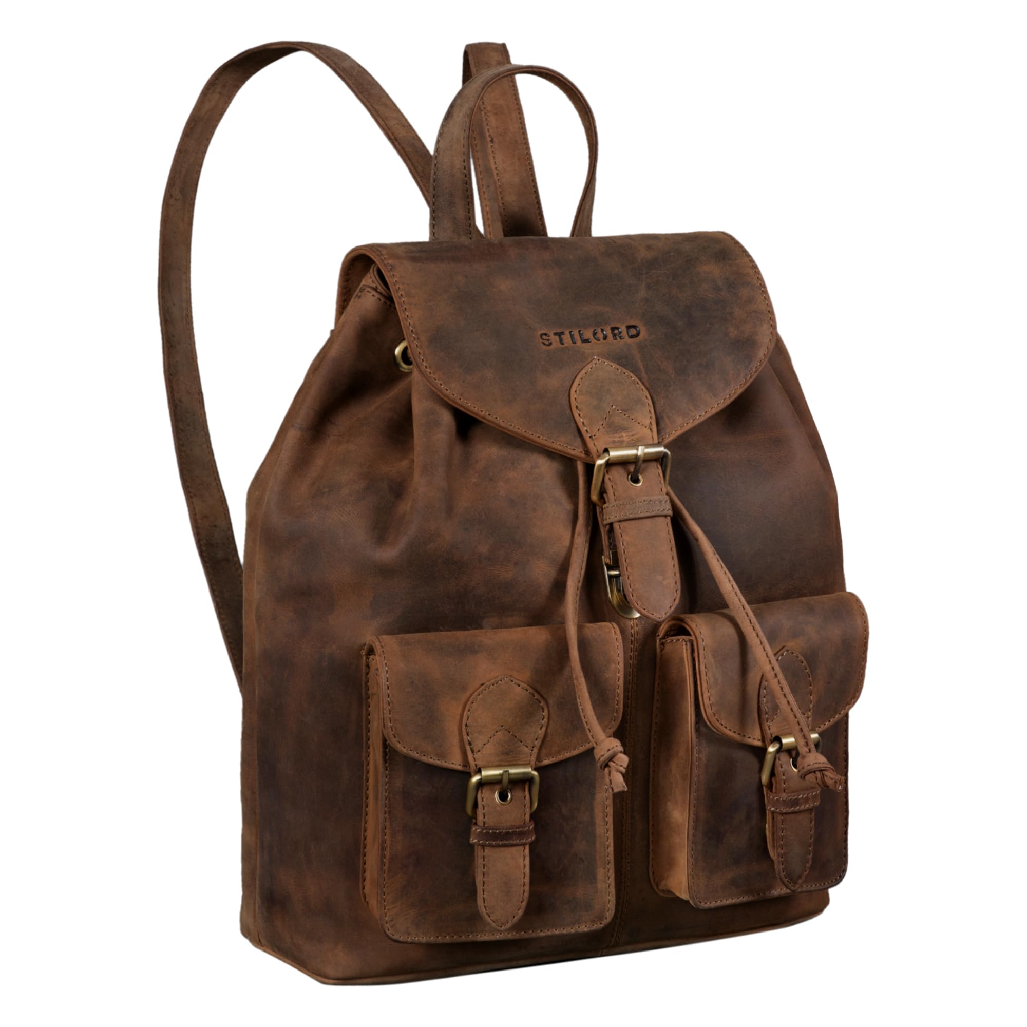 STILORD 'Nora' Grote Lederen Rugzak Vintage Hoogwaardige Dagrugzak 13.3 Inch Rugzak-Handtas voor School Uni Vrijetijdsbesteding Echt Leder, Kleur:tan donker - bruin