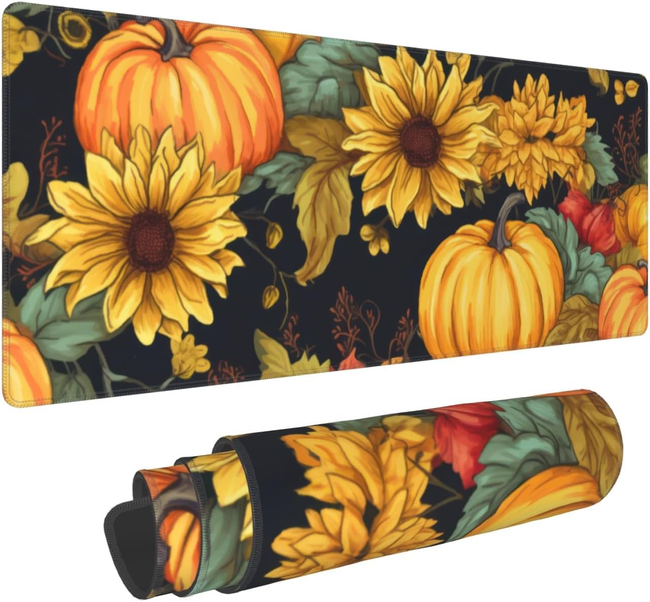 Fall Pumpkin Sunflower Mouse Pad 35.4x15.7 XXL Autumn Leaf Floral Watercolor Extended Mousepad Large Keyboard Mouse Mat Desk Pad with Non-Slip Rubber Base Stitched Edges for Home Office Game