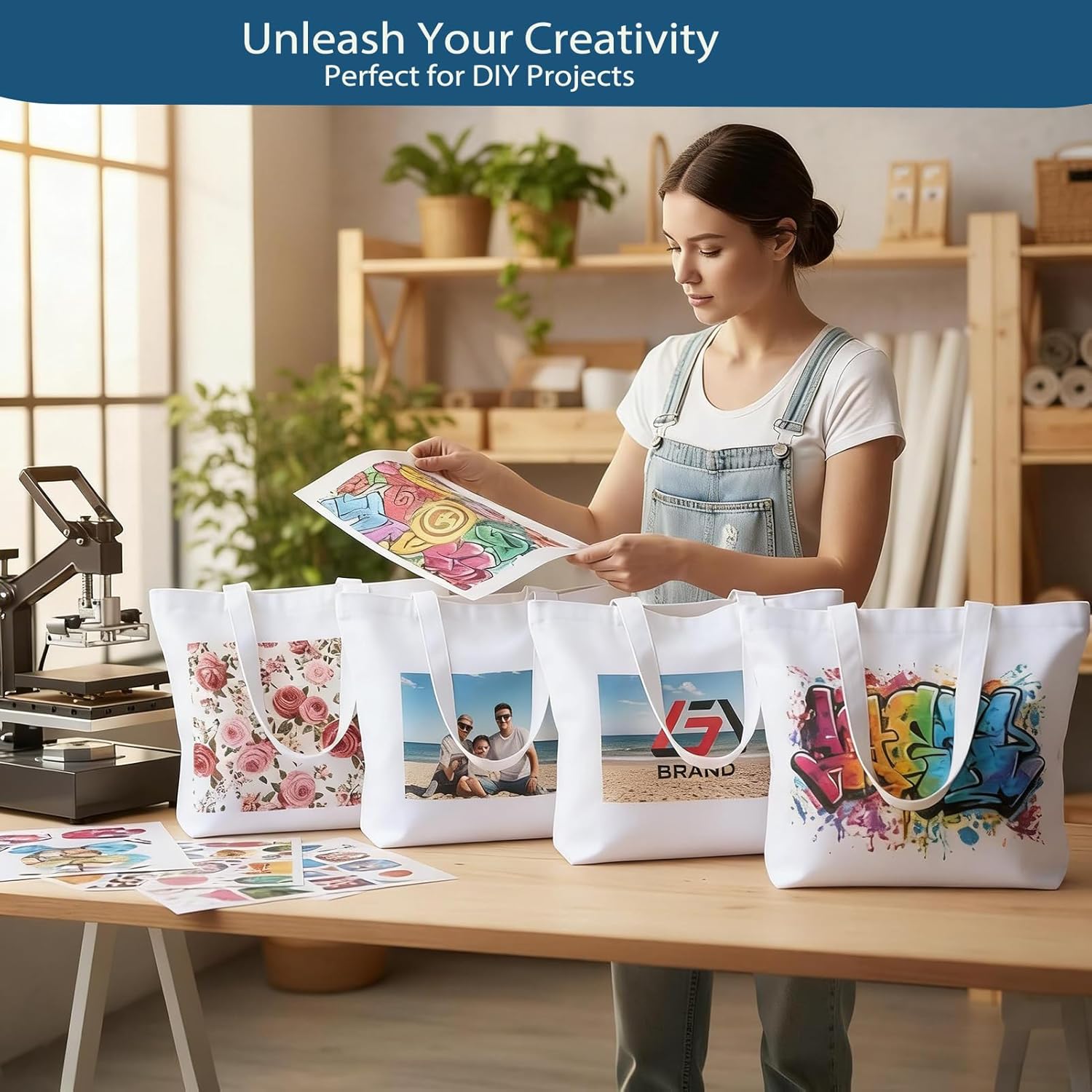 WeStar Sublimation Tote Bags Blanks, 12 oz Polyester Canvas Tote with Zipper & Long Handles, Large Reusable Grocery Bag