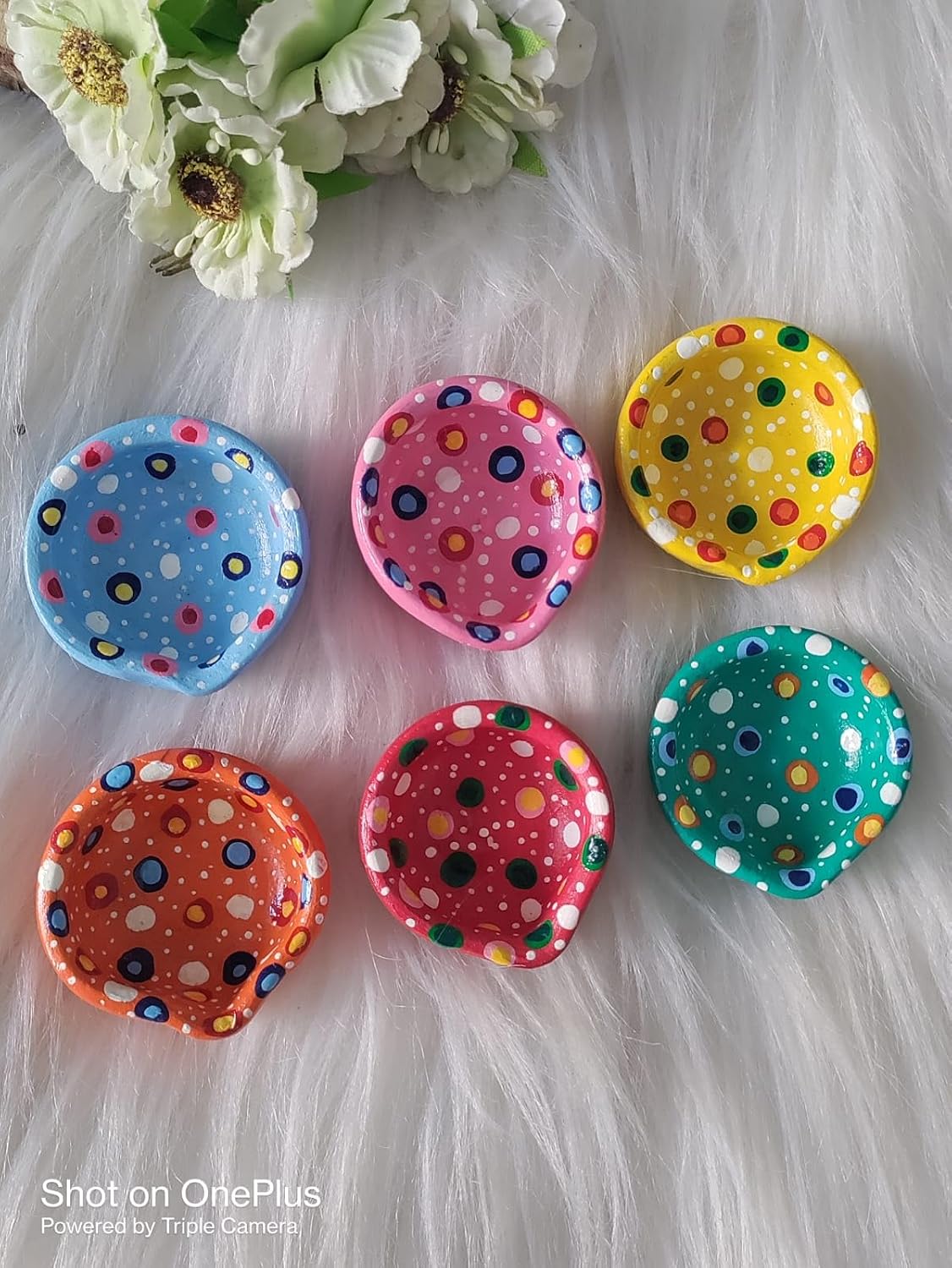 Set of 6 Clay Mitti Diya Decorative Earthen Printed Dots Designer clays oil lamp Diyas for Home Office Decor Indian Festival Diyas Traditional Decorations New Year Return Gifting Ideas (Size-1.5")