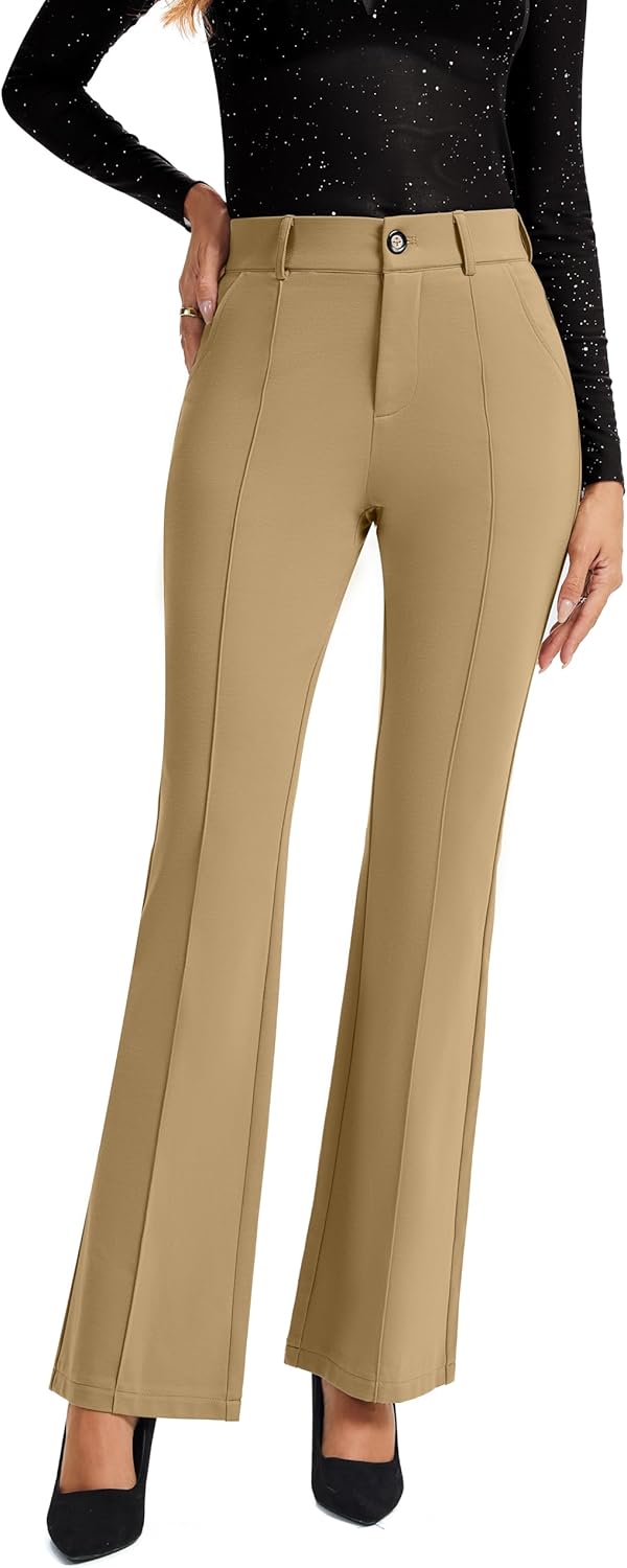FUNYYZO Dress Work Pants Women's Stretchy Bootcut Leg Button Slacks Trousers with Pockets Casual Outfits