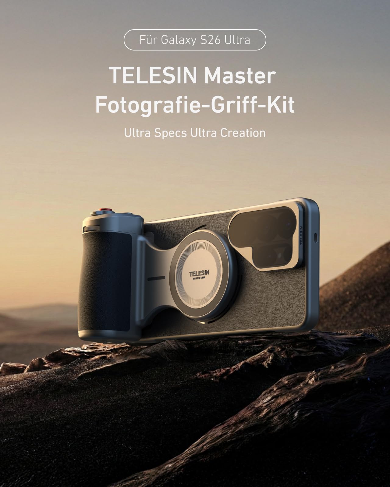 TELESIN Master Grip Kit für Samsung Galaxy S26 Ultra, Magnetisches Hülle & Grip mit 3200mAh Akku, ND16-Filter, 10-facher Blitz mit Vorblitz-Messung & LED, Kabelloses Laden, DSLR-Griff