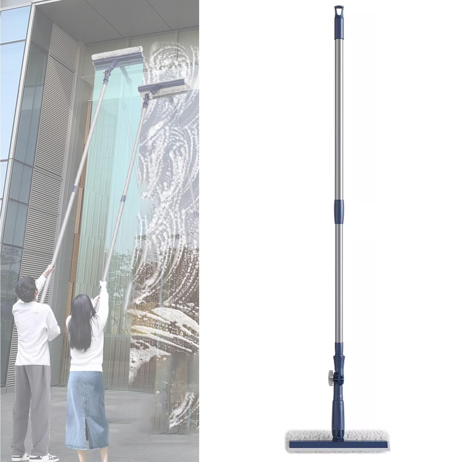 Perche extensible avec brosse rotative 2 en 1 pour nettoyer les vitres et toits