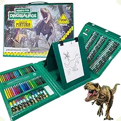Maleta de Pintura Infantil Mundo dos Dinossauros, 208 Peças, Kit Artístico com Estojo Verde,