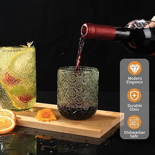 Miniatura 6 de Juego de 8 vasos vintage en relieve, 4 vasos altos de 14 onzas y 4 vasos de 9 onzas, Art Deco, para vino, agua, cóctel, jugo, whisky, regalo (verde)