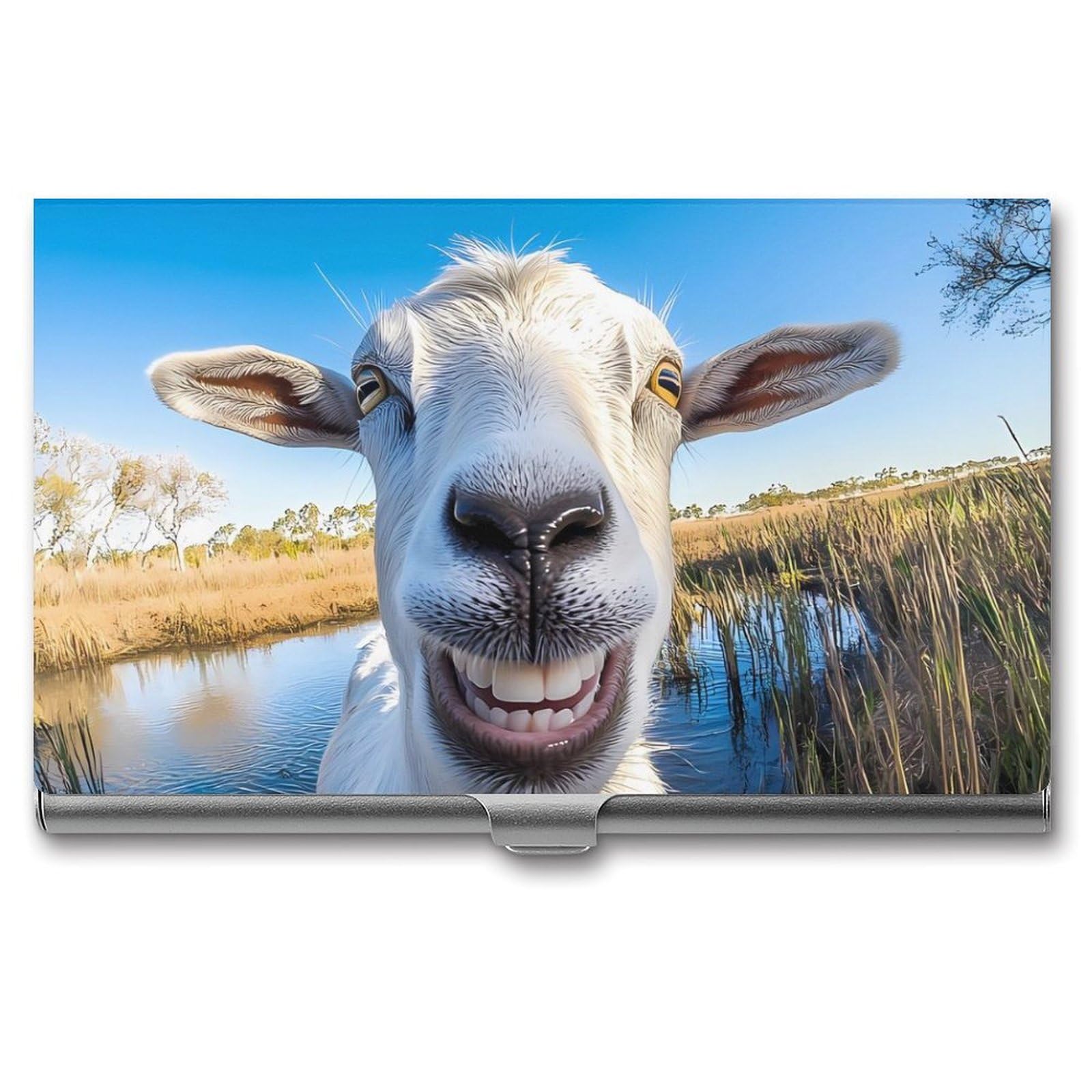 A Goat Smiles at The Camera Slim Business Card Holder Wallet for Men & Women Pocket Metal Case 3.7x2.2x0.3 Inches