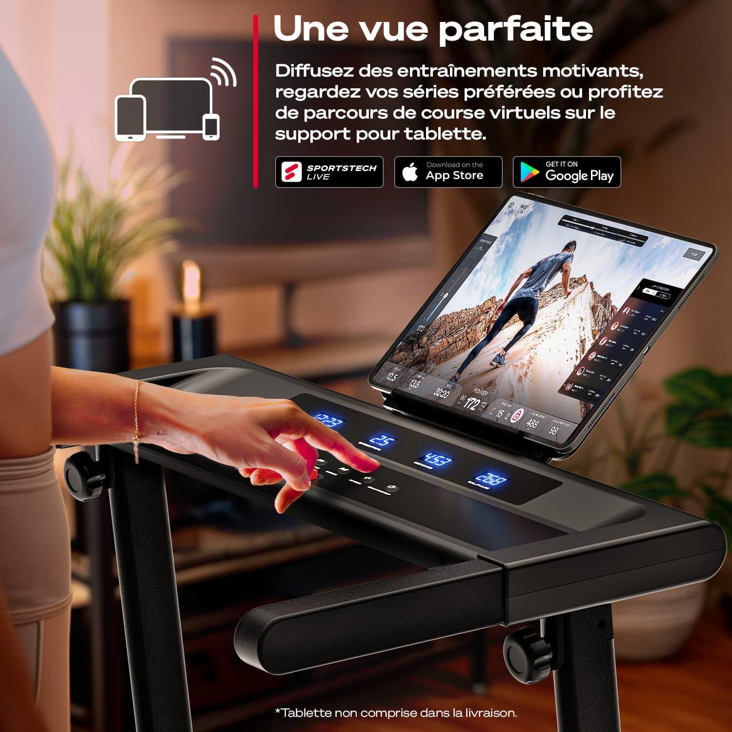 Sportstech sProRun treadmill with tablet showing app