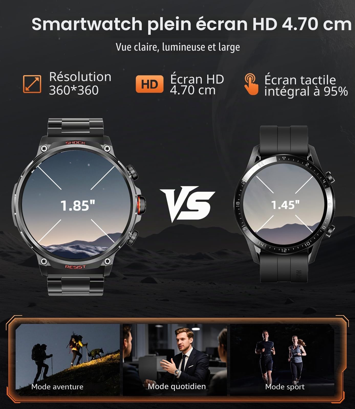 WalkerFit M6MAX Montre Connectée Homme Militaire 1,85" HD – Appels Bluetooth, Batterie 710 mAh, Étanchéité IP68, Suivi Santé & Sport, Compatible Android iOS (Noir)