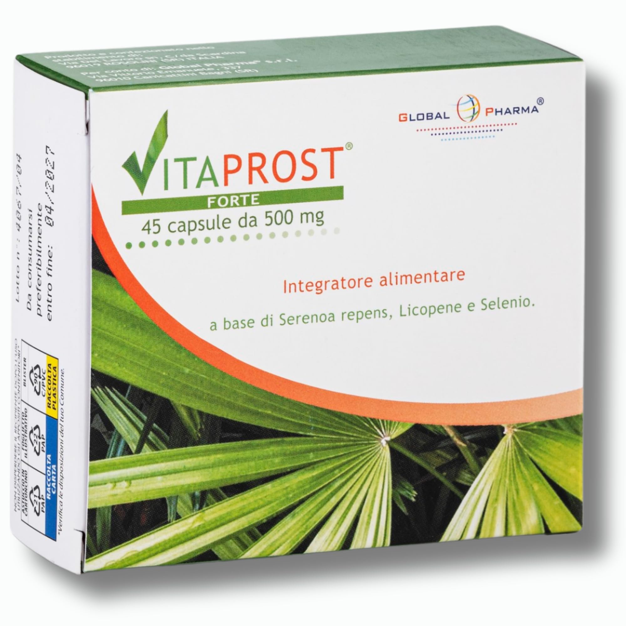 Integratore prostata 800mg SERENOA REPENS | Saw Palmetto Licopene e Selenio Integratore per la Prostata e Vie Urinarie Uomo 45 Capsule VITAPROST FORTE Global Pharma
