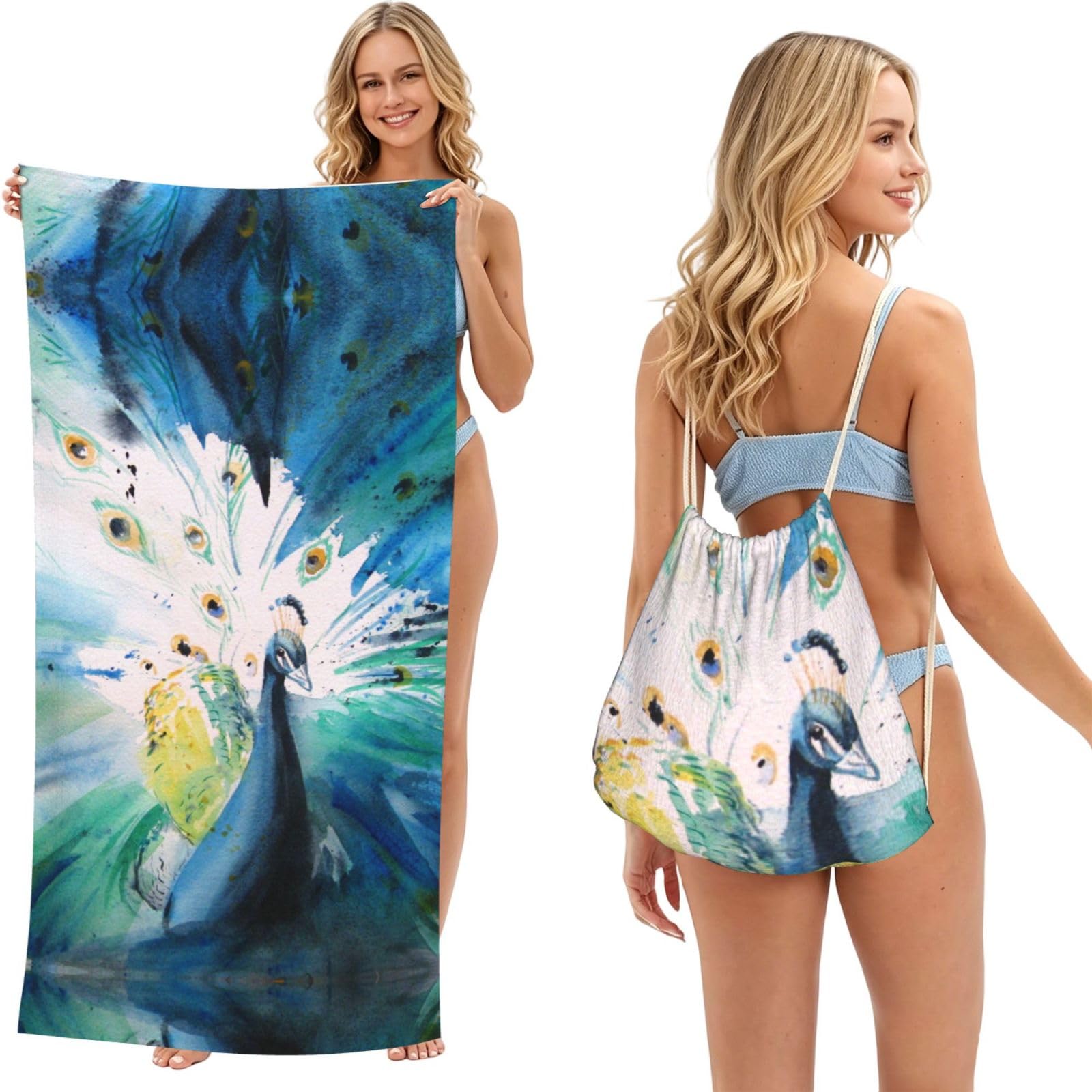 ESNAIUVCD Cute Peacock Print Beach Towel For Adults,Towel With Drawstring Bag, Travel Pool Swimming Sports Shower Sand Free Quick