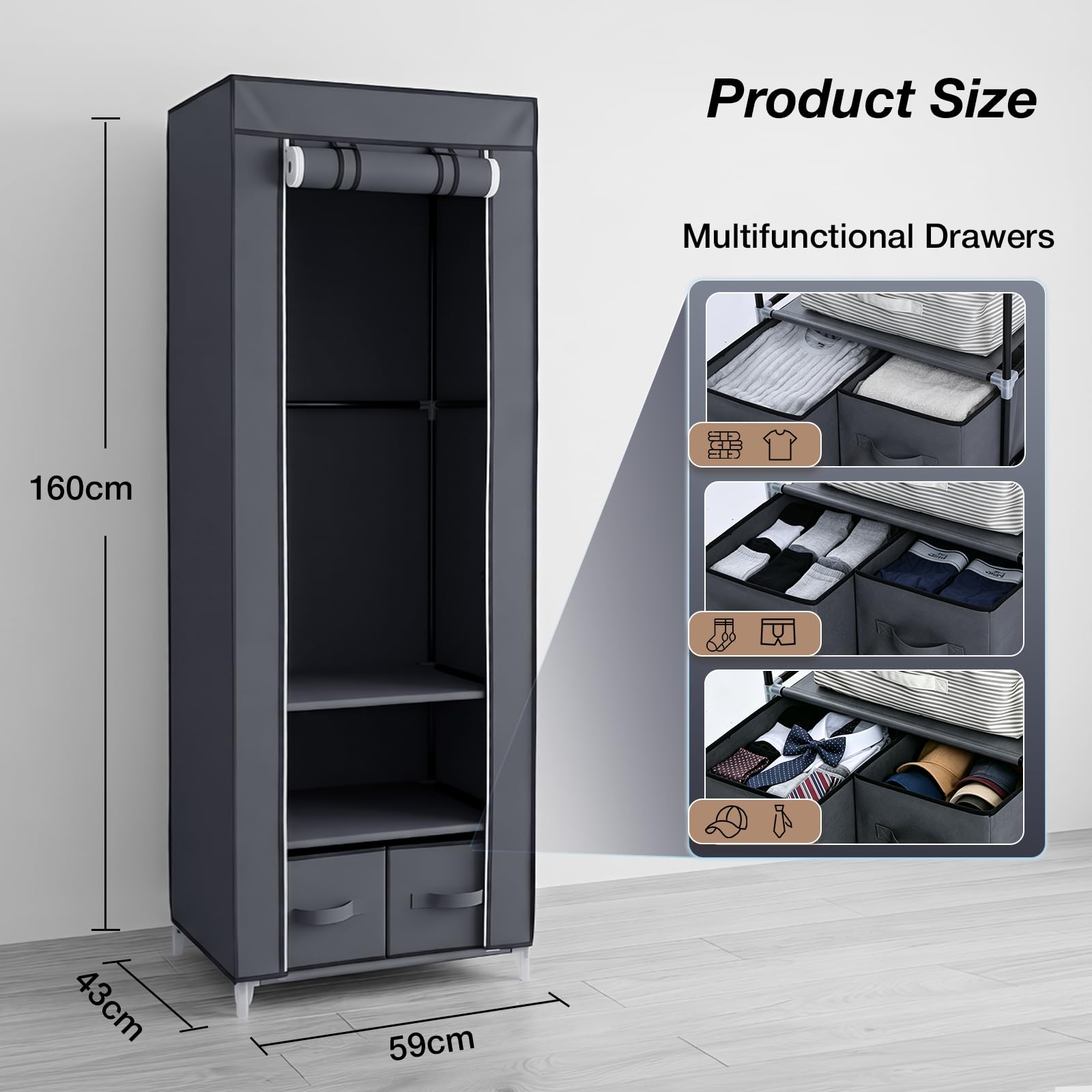 Hododou Armario portátil individual de lona, organizador de almacenamiento de ropa con 2 cajones y barra para colgar, armario plegable para ropa, bolsos, juguetes, zapatos, sala de estar, dormitorio,