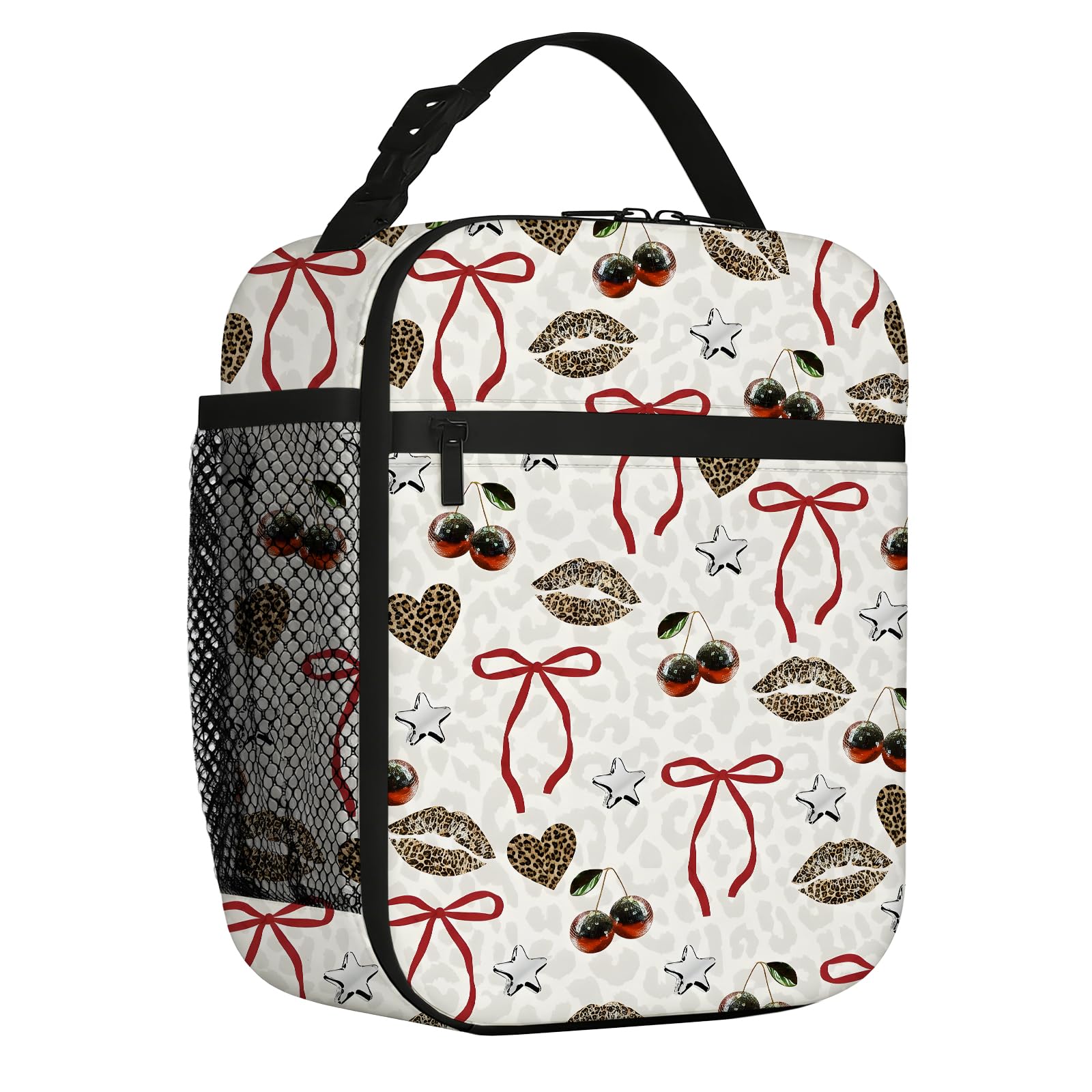 Leopard-Print Bow Lunch Bag, Girls Packed Lunch Bag with Side Bottle Holder, Insulated Leakproof Lunch Box, Preppy Lunch Box for School Work and Camping, Preppy Gifts for Girls, Teens, Women