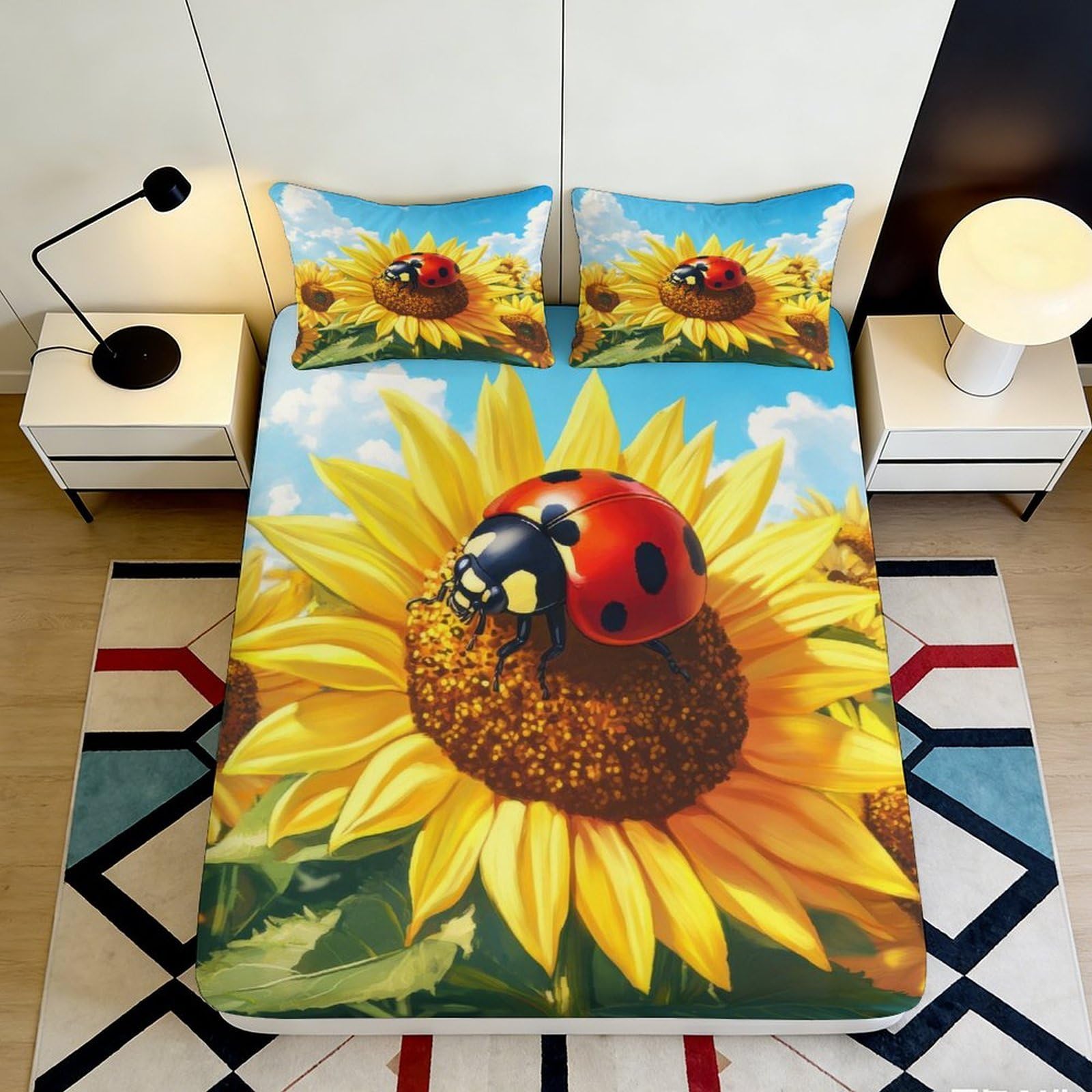 3D Printed Sunflower Ladybug Fitted Sheet Microfiber Deep Pocket Bedroom Sunflower Mattress Fitted Cover Adult Elastic Washable 180x200x25cm