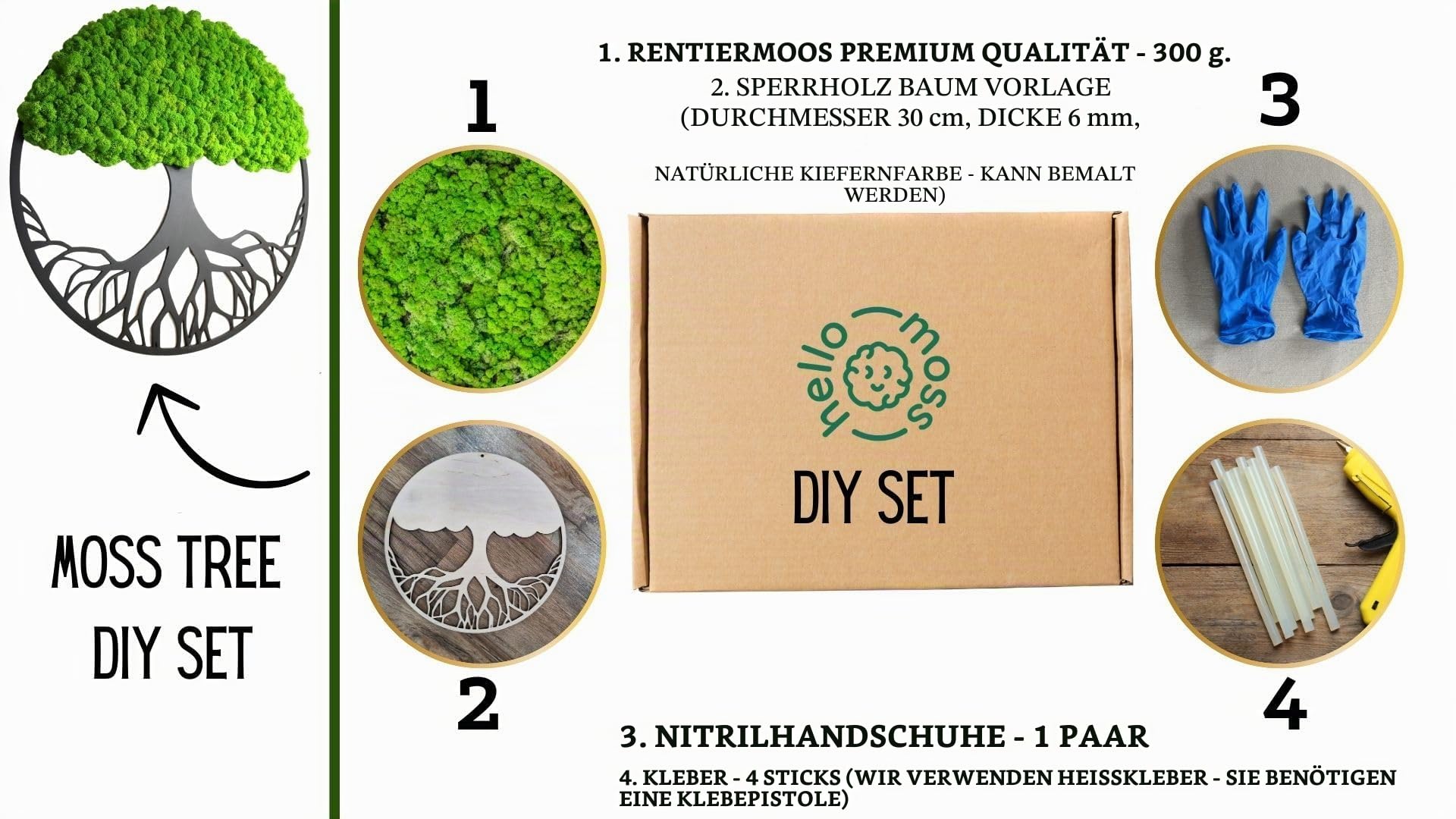 Hello Moss DIY Moosbild in Baumform - Moosbild selber machen set - Set bestehend aus 300g Reindeer Konserviertes Moos und Wanddeko in Baumform 30cm - Moosbild DIY Set