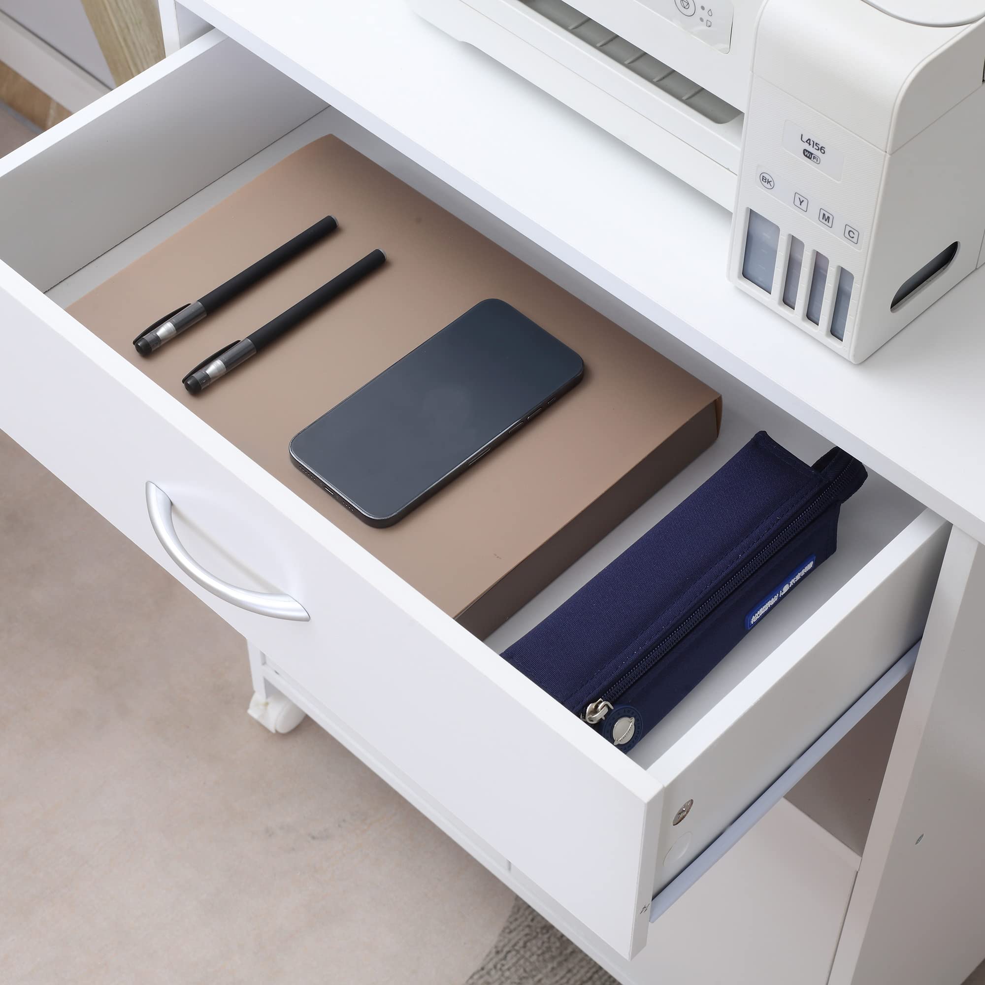 Vinsetto Mobile Porta Stampante con Cassetto 4 Ruote 60x39x80cm Bianco | Armadietto, Mobiletto Basso Multiuso, in Legno