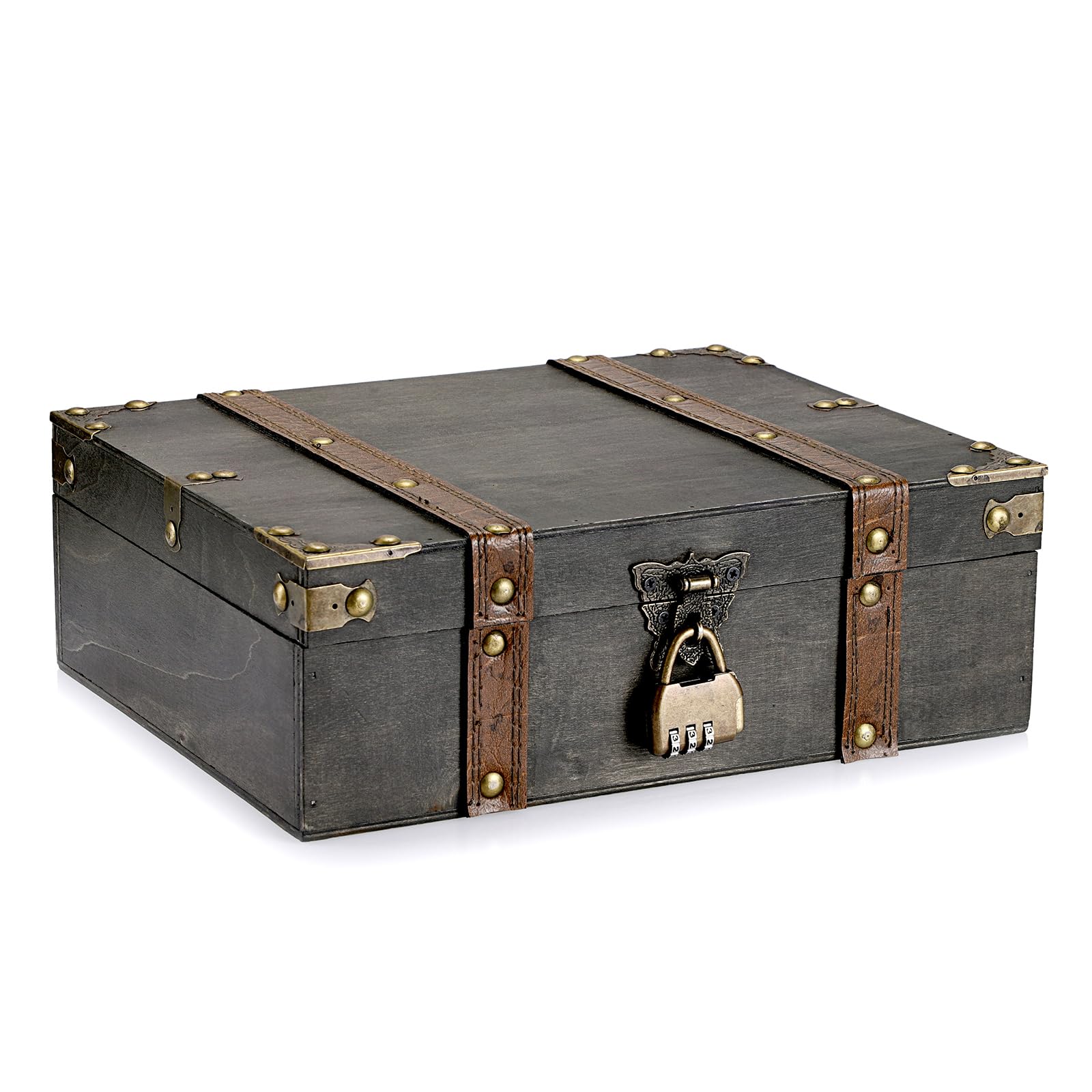 SUMNACON Wooden Treasure Chest Storage Box with Lock, Grey 27.5*21.5*9.3cm