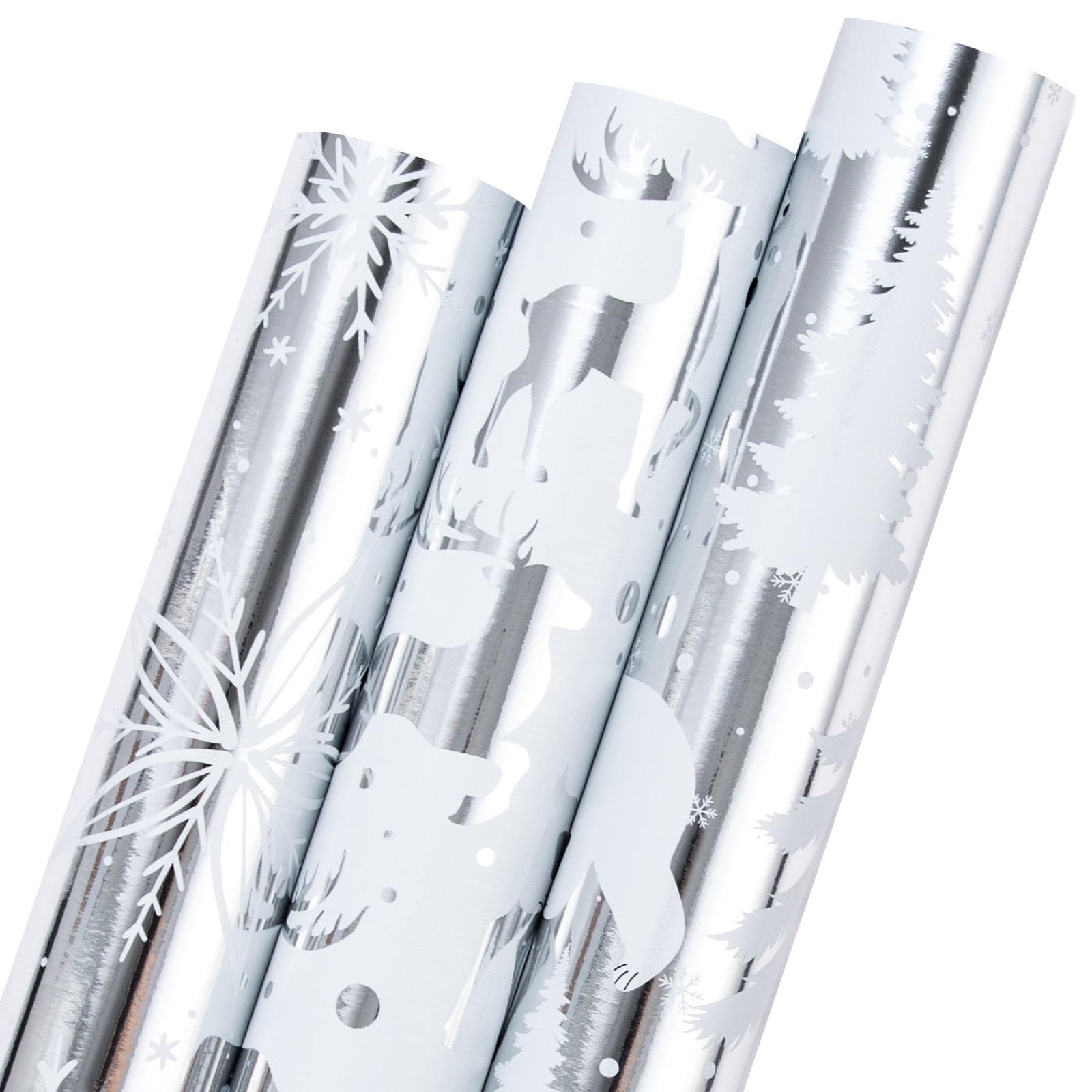 Wikadlik Christmas Wrapping Paper, 3 Mini Rolls Luxurious Metallic Silver Gift Wrap Paper,White Snowflake Reinderr and Bear Design - 43.5cm x 3m Per Roll