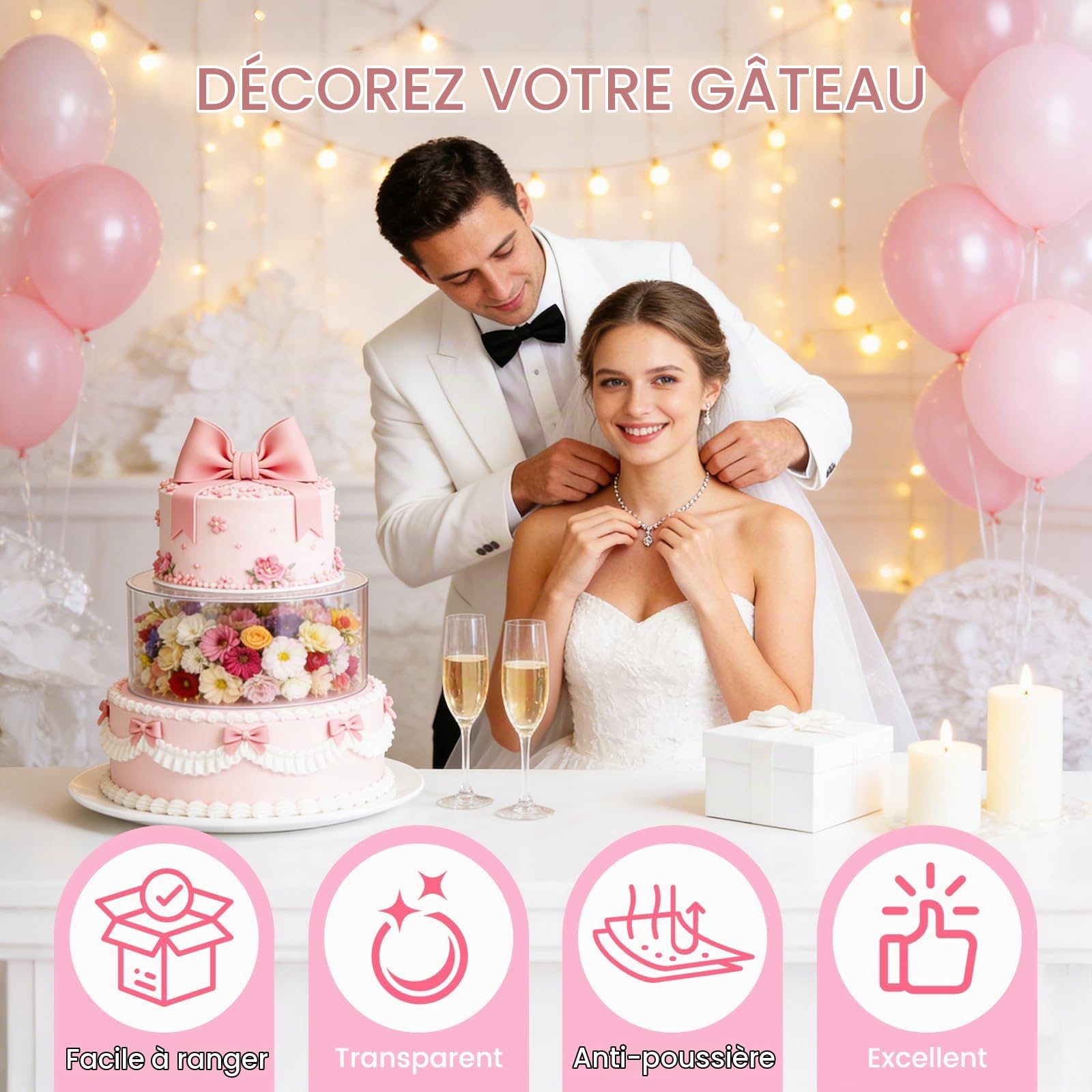 Présentoir à Gâteau 3 Etages en Acrylique, Plateau à Gâteaux Rond Transparent Remplissable avec 3 Bandes Lumineuses LED (Piles Non incluses) Boîtes de présentation empilables pour Mariages, Fête