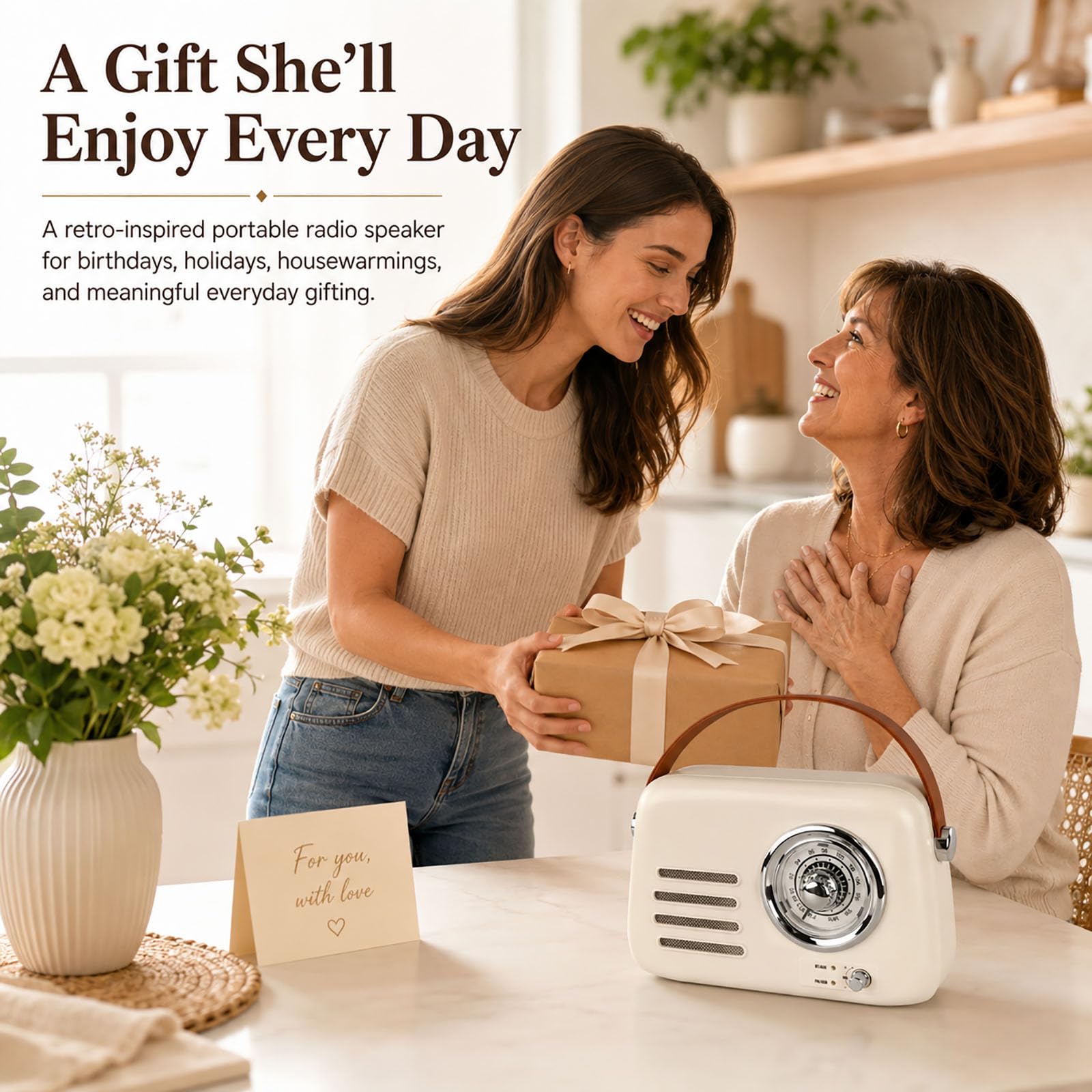Vintage Bluetooth Lautsprecher mit FM Radio - Tragbare Wireless Boom Box, 4 in 1 Sound (Bluetooth/FM/AUX/USB), Satte Bass, für Zuhause, Büro, Camping & Geschenke (Beige)