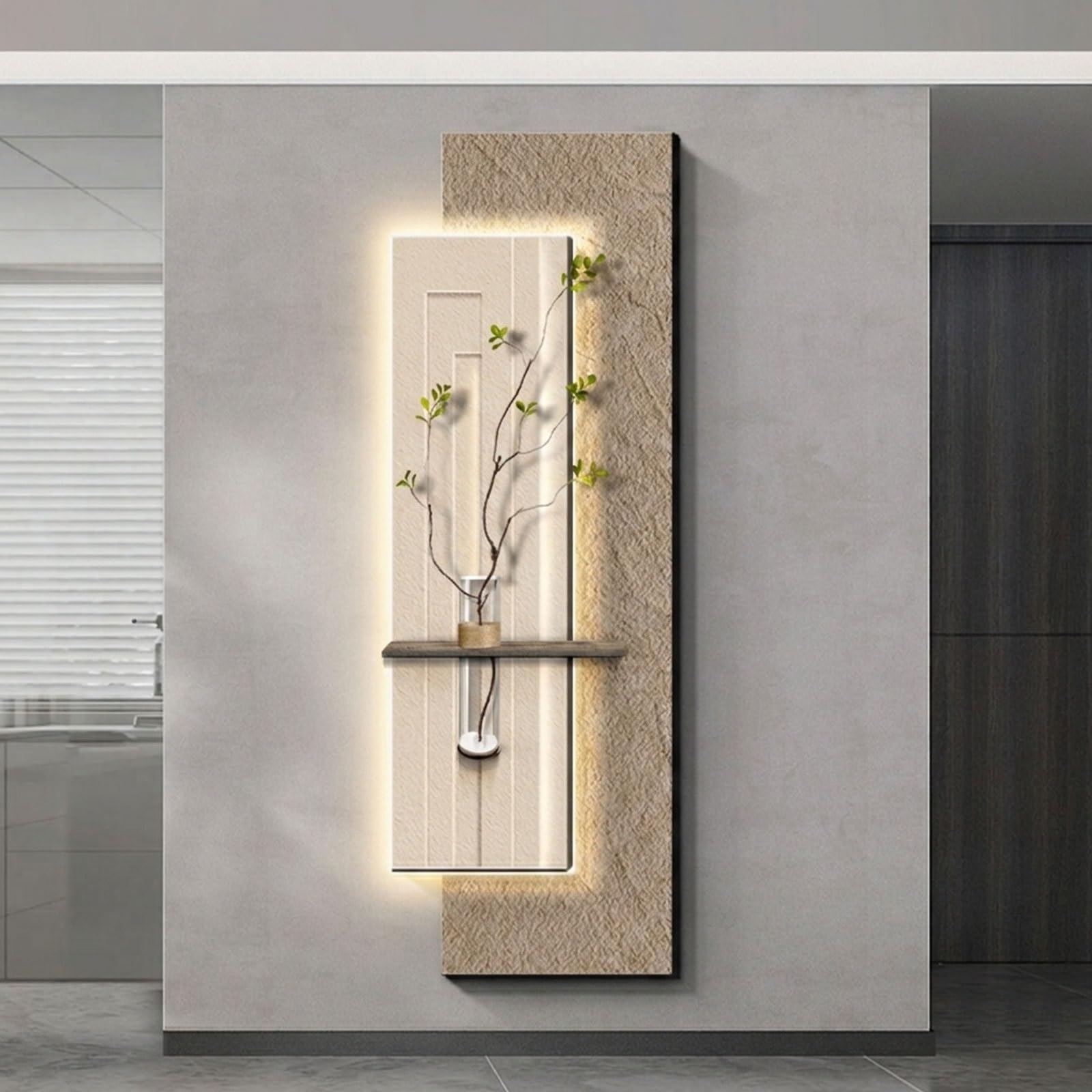 OECETCAWKD 3d Led Vertical Wall Art Decor, Plug In Sandstone Art and Vase, Modern Living Room Wall Sculptures, Large Borderless Decorative Paintings with Artificial Plant(C,50 * 150cm/19.7 * 59.1in)