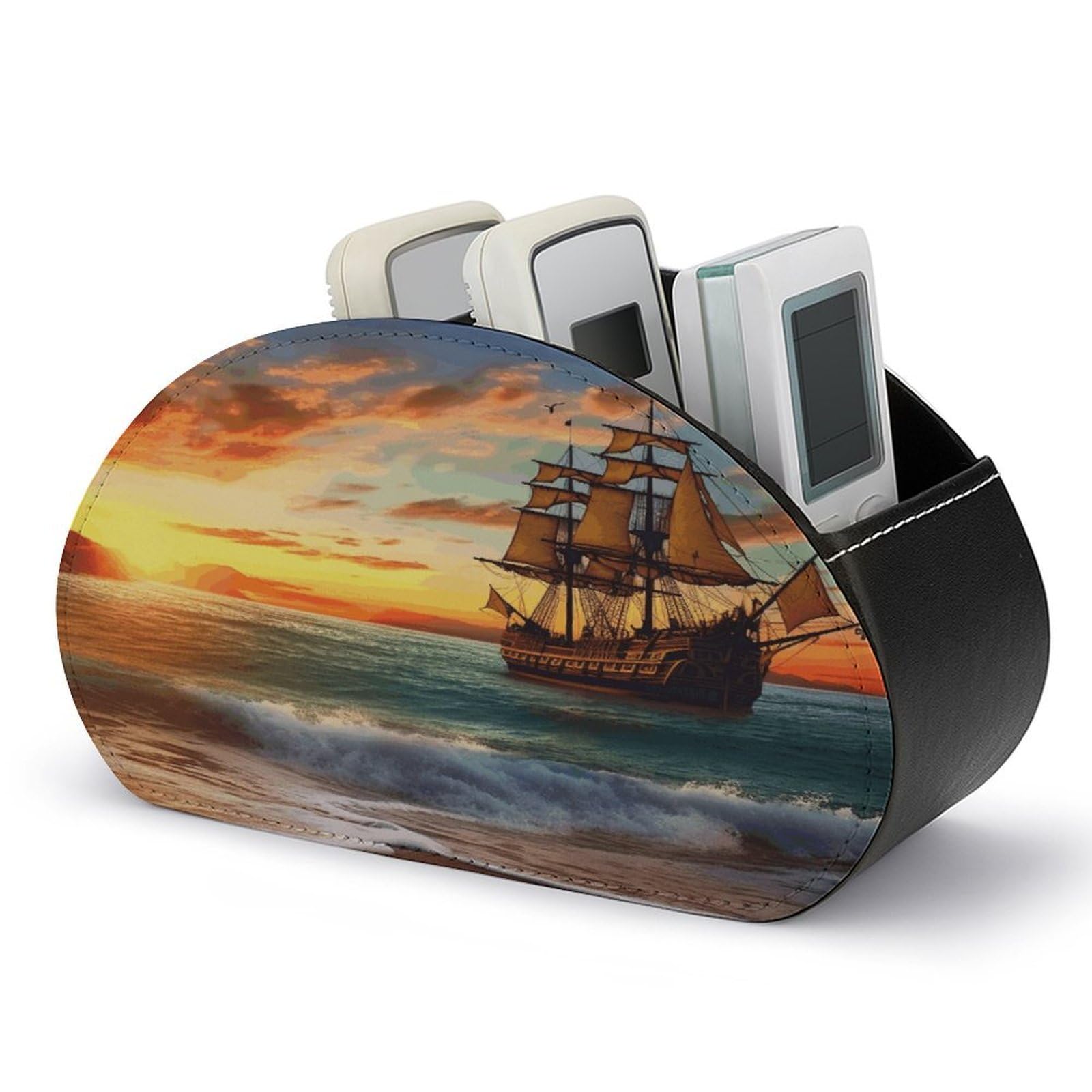 VstaDank Pirate Ship in The Sunset Remote Control Holder with 5 Compartments Pu Leather TV Remote Caddy Storage Box Desktop Organizer Store Controller DVD Brush Pens Glasses&Office Supplies