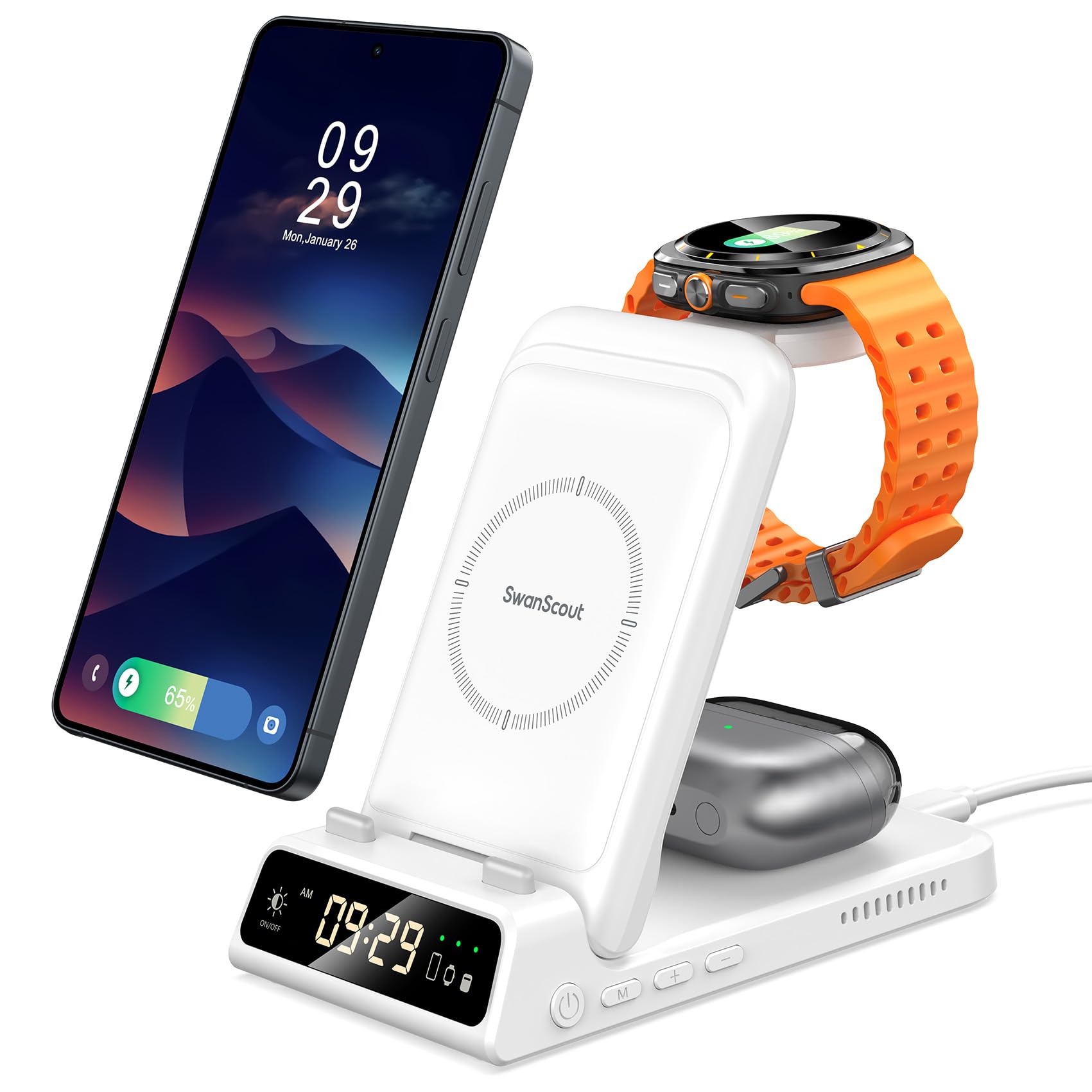 Bezprzewodowa Stacja Ładująca dla Samsung S26 Ultra/S26+, 3 w 1 Wireless Charger for Galaxy S26/S25/S24/S23, Charger Dock for Galaxy Watch 8/8 Classic/Ultra/7/6/5/4/3, Galaxy Buds 4/4 Pro (No Adapter)