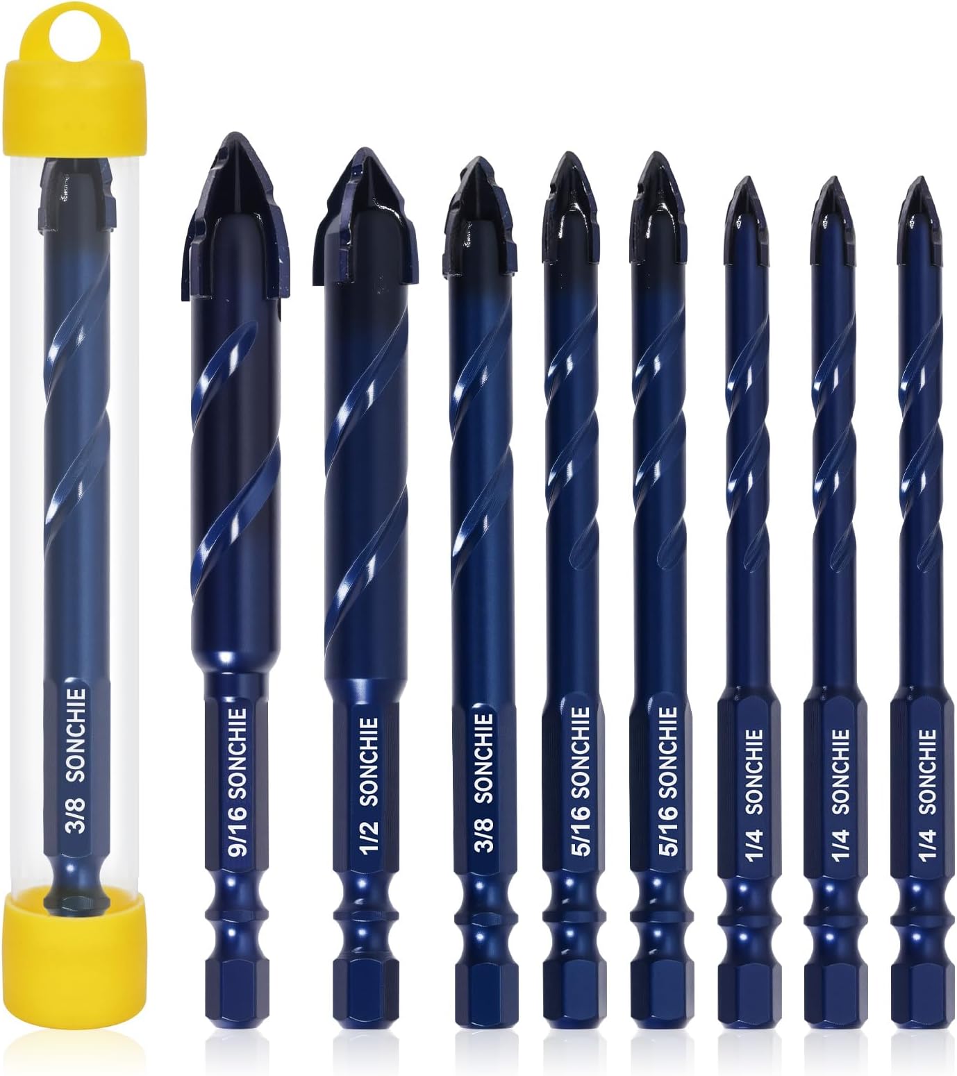 Upgraded SONCHIE Serrated Masonry Drill Bit Set - 1/4 to 9/16 Inch 8-Piece Set Industrial & HouseholdDrill Bit Set for Concrete/Tile/Glass/Brick/Ceramic/Plastic/Wood
