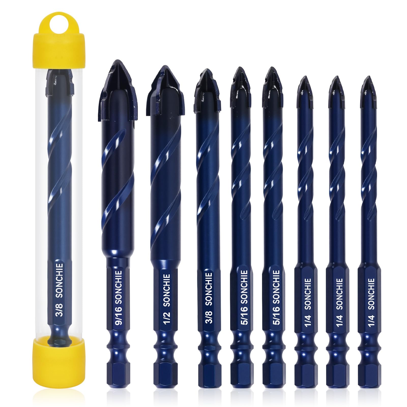 Upgraded SONCHIE Serrated Masonry Drill Bit Set - 1/4 to 9/16 Inch 8-Piece Set Industrial & HouseholdDrill Bit Set for Concrete/Tile/Glass/Brick/Ceramic/Plastic/Wood
