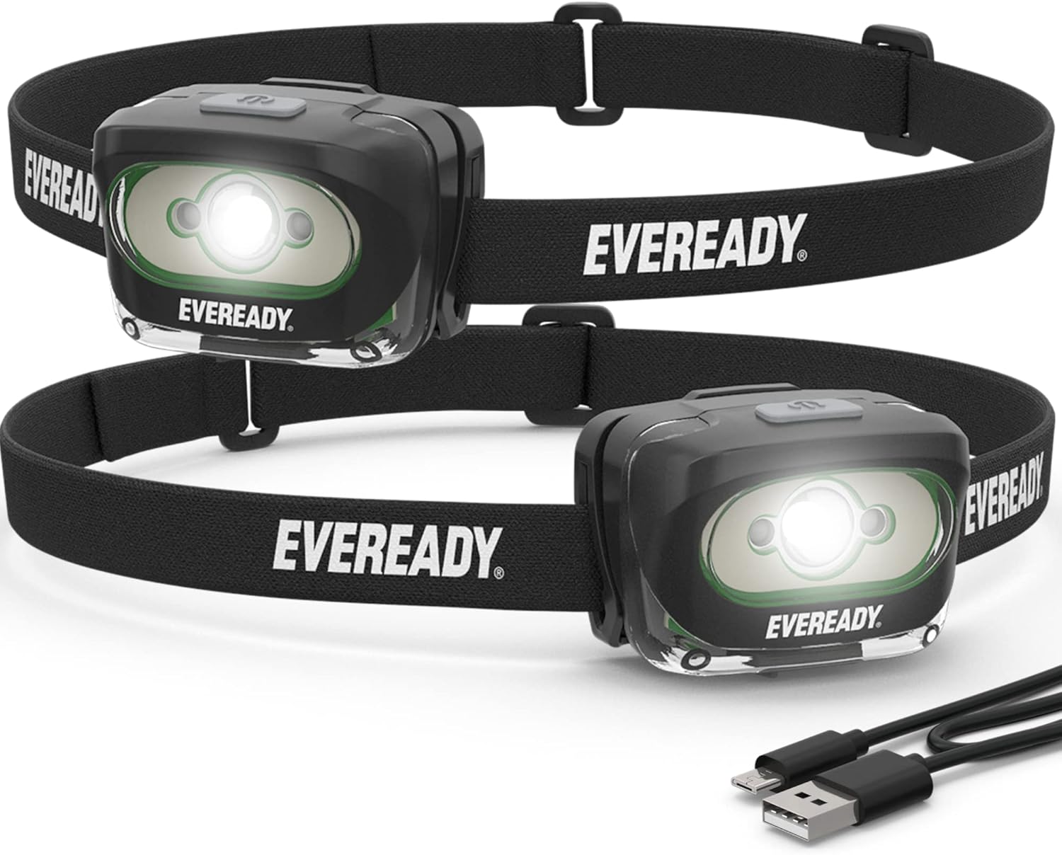 Rechargeable LED Headlamps by Eveready (2-Pack), IPX4 Water Resistant Head Lights for Running, Camping, Emergency, Outdoors (USB Cable Included),Black (2-Pack),Adjustable : Electronics