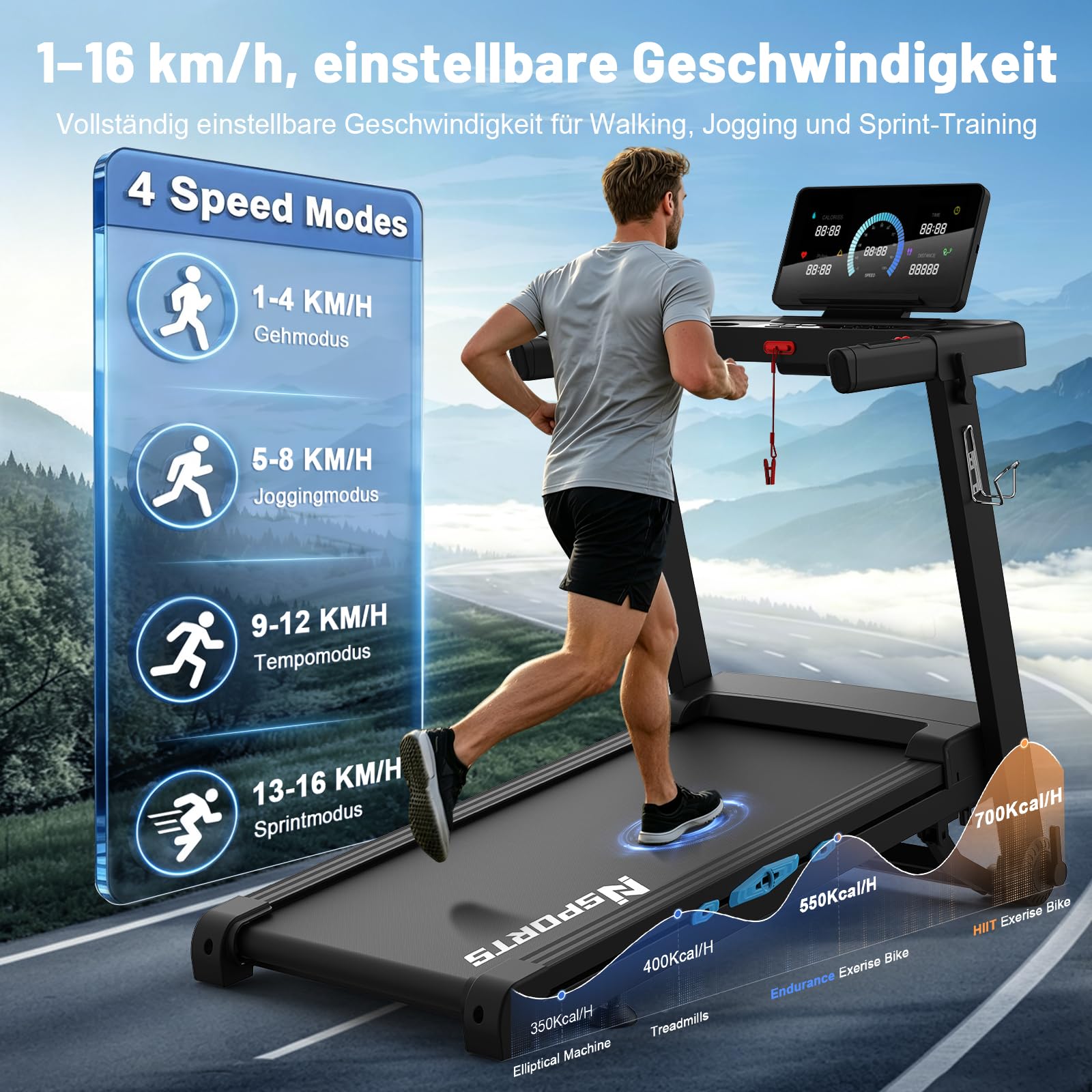 Neezee Laufband für Zuhause Klappbares,20% Steigung,1-16 km/h,4.5PS,150kg