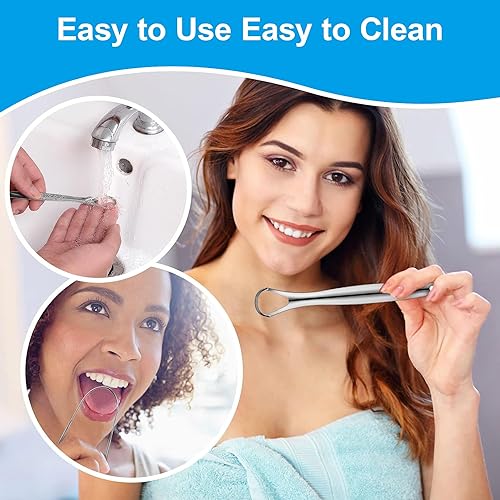 Miniatura 4 de Raspador de lengua para adultos (paquete de 3), 100% acero inoxidable, reduce el mal aliento, fácil de usar, limpiador de lengua para cuidado bucal