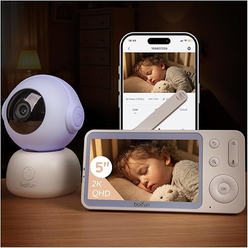BOIFUN Monitor de bebé HD 2K con aplicación para teléfono inteligente, cámaras Wi-Fi, pantalla de 5 pulgadas, cámara y audio, seguimiento de