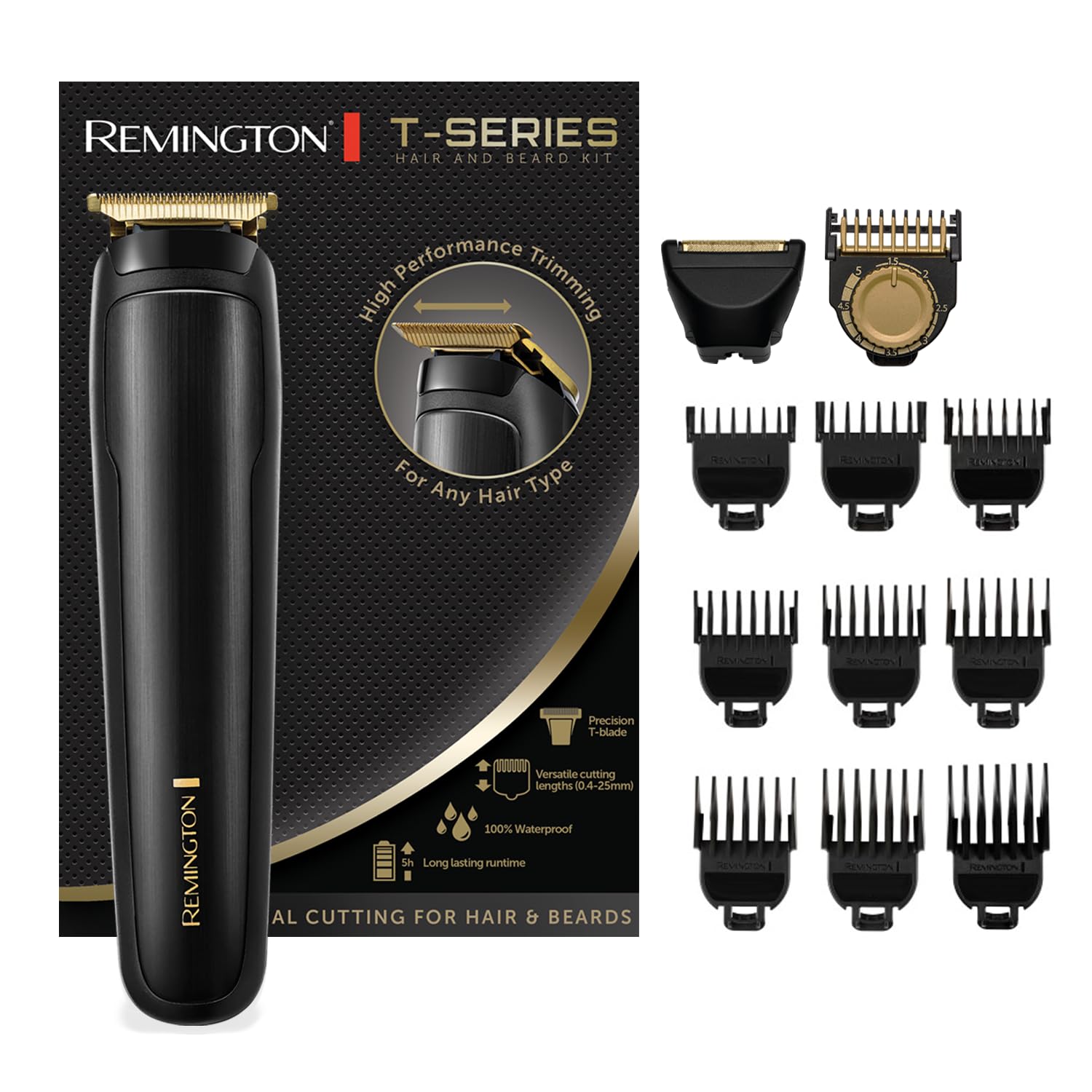 Remington Beard Trimmer, Men's Hair Clipper, 9 Hair Combs + Foil Razor Accessory, Rechargeable 5H Autonomy, 100% Waterproof, T Blade for Details, MB7050