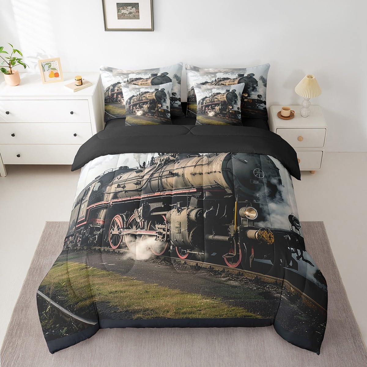 Feelyou Retro Steam Engine Comforter Set Twin Size 7 Pieces Comforters Railway Track Bedding Set Vintage Transport Bed Set Bed in a Bag with Comforter, Sheets, Pillowcases & Cushion Covers