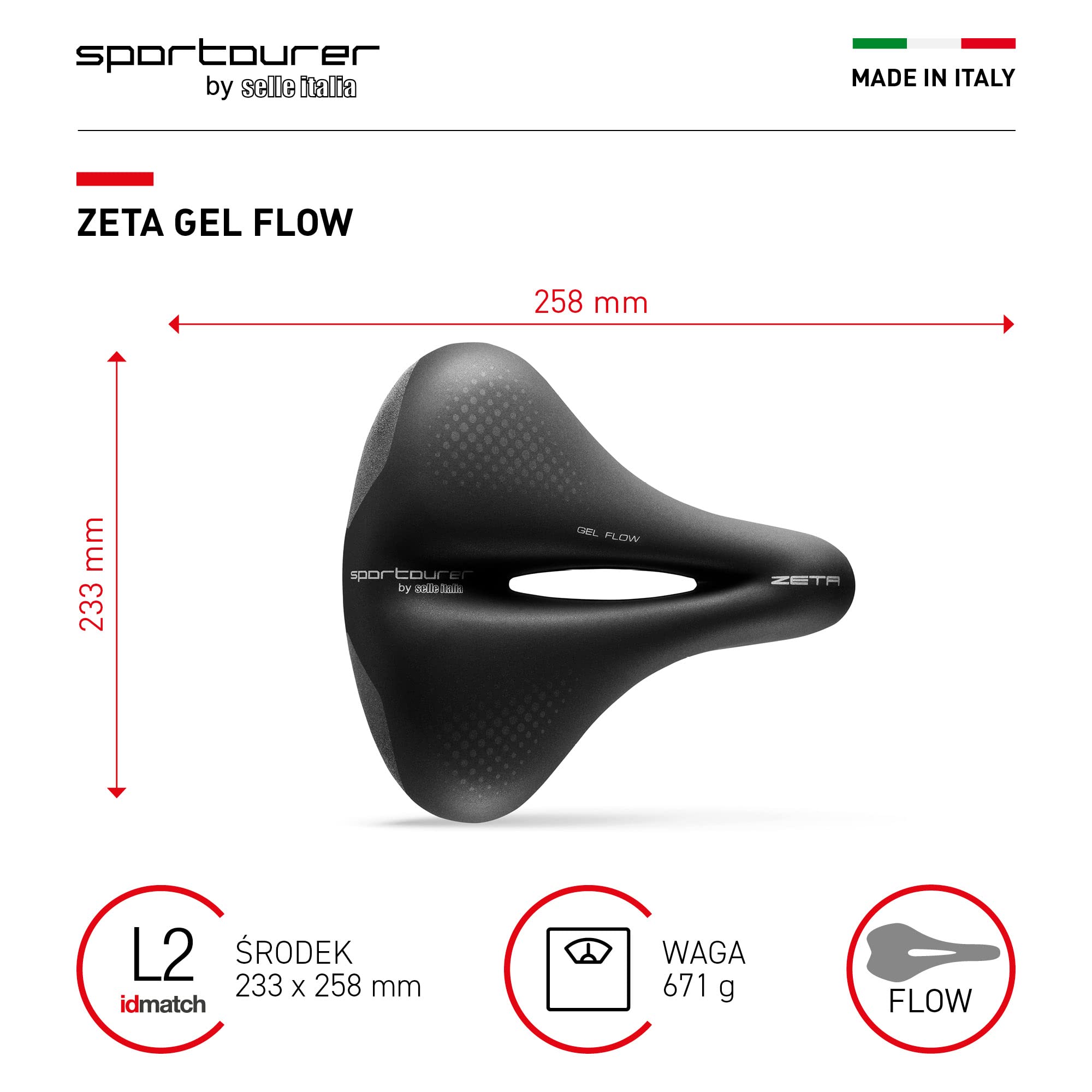 Sportourer by Selle Italia ZETA Comfort Gel Flow – Siodełko Miejskie, Żelowe, Ergonomiczne, Hi-Viz, Wodoodporne – Czarny