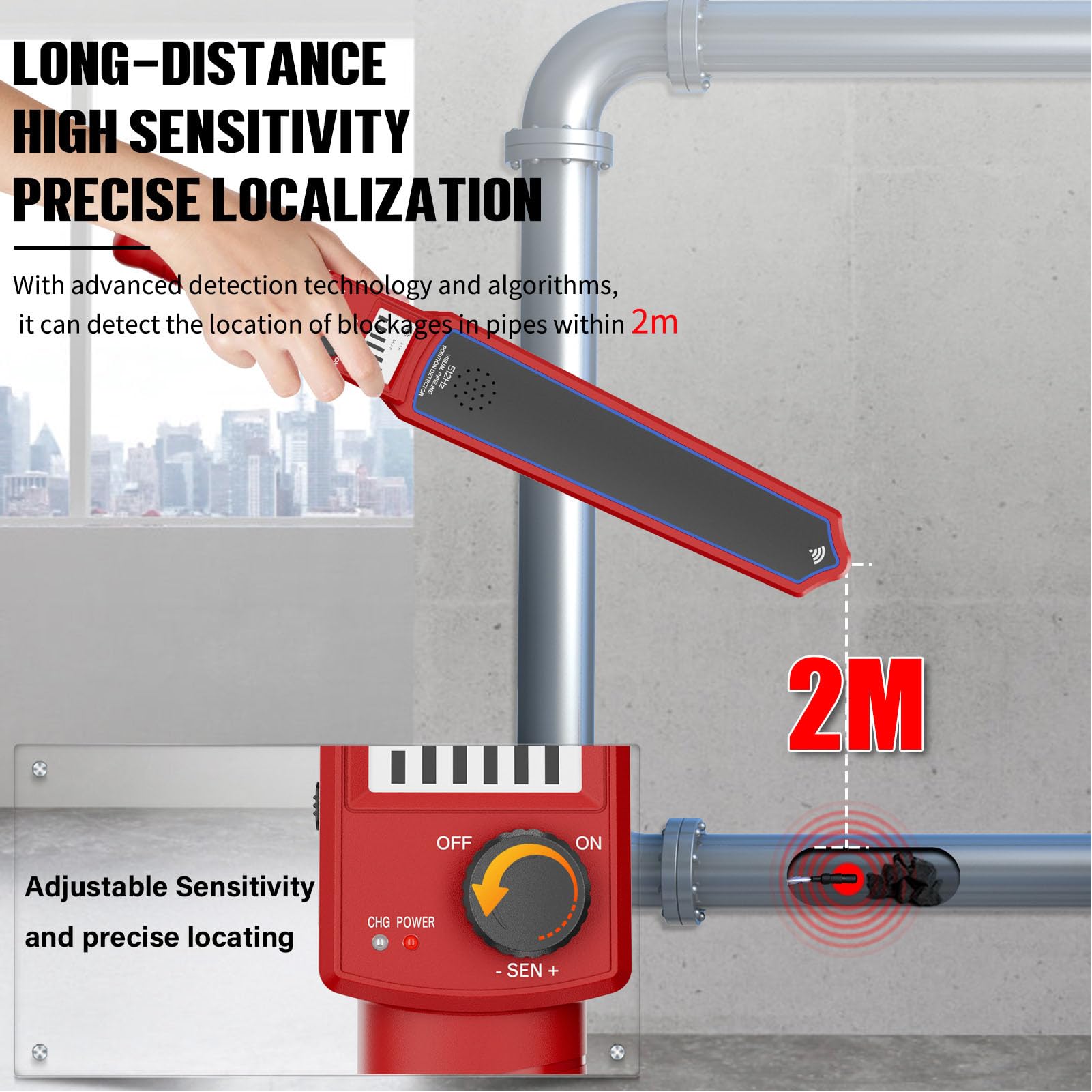 Jectse Rilevatore di Intasamenti di Tubazioni, Localizzatore di Intasamenti di a Lunga Distanza Ad Alta Precisione da 2 M con 4 Sonde Impermeabili e Avviso Cicalino, per in PVC