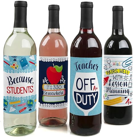 Big Dot of Happiness Back to School - First Day of School Teacher Appreciation Decorations for Women and Men - Wine Bottle Label Stickers - Set of 4