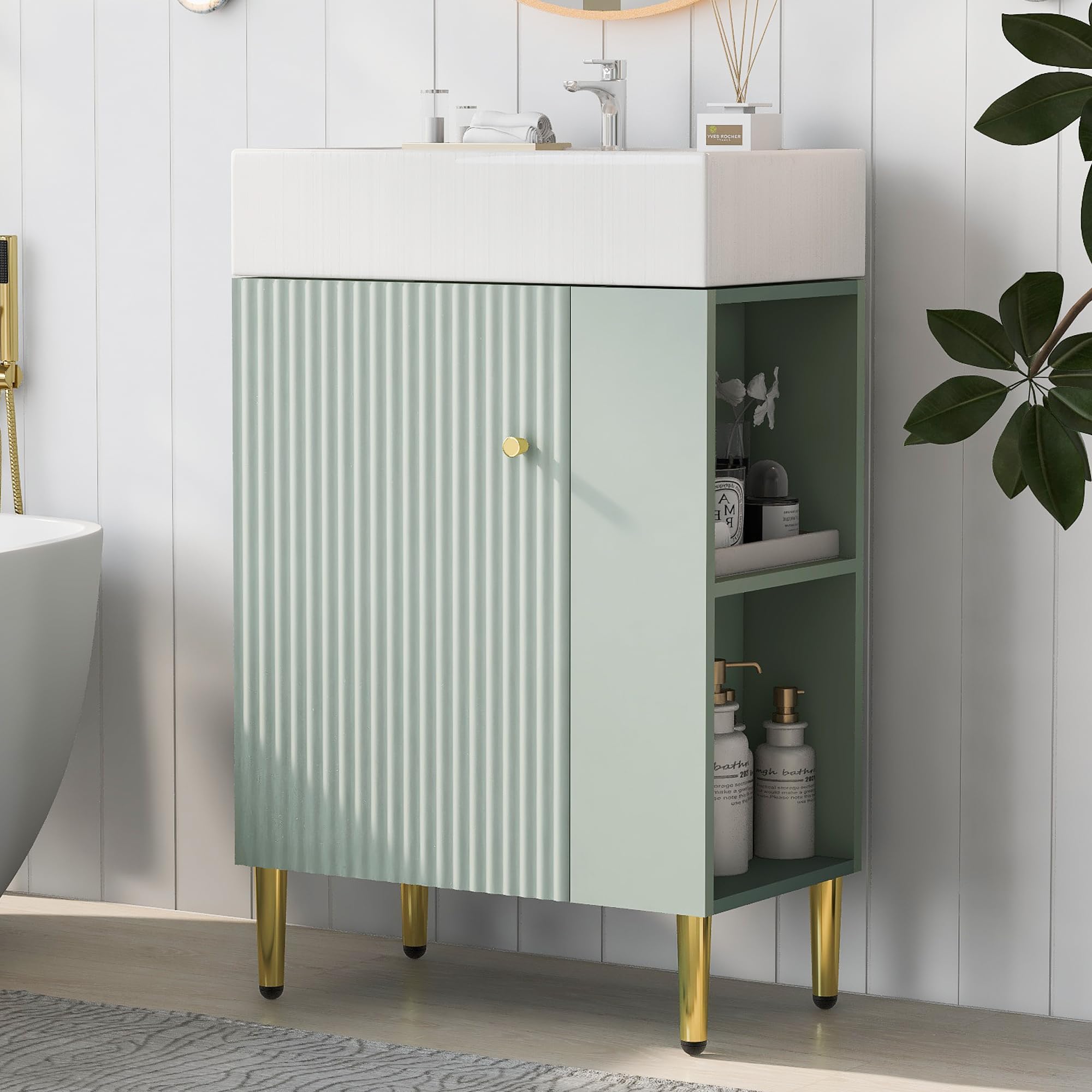 Ktfhvgy 21.6" Open-Shelving Bathroom Vanity with Ceramic Sink and Soft-Closing Door,Open Shelf Storage Cabinet on The Side,Small Bathroom Vanity with