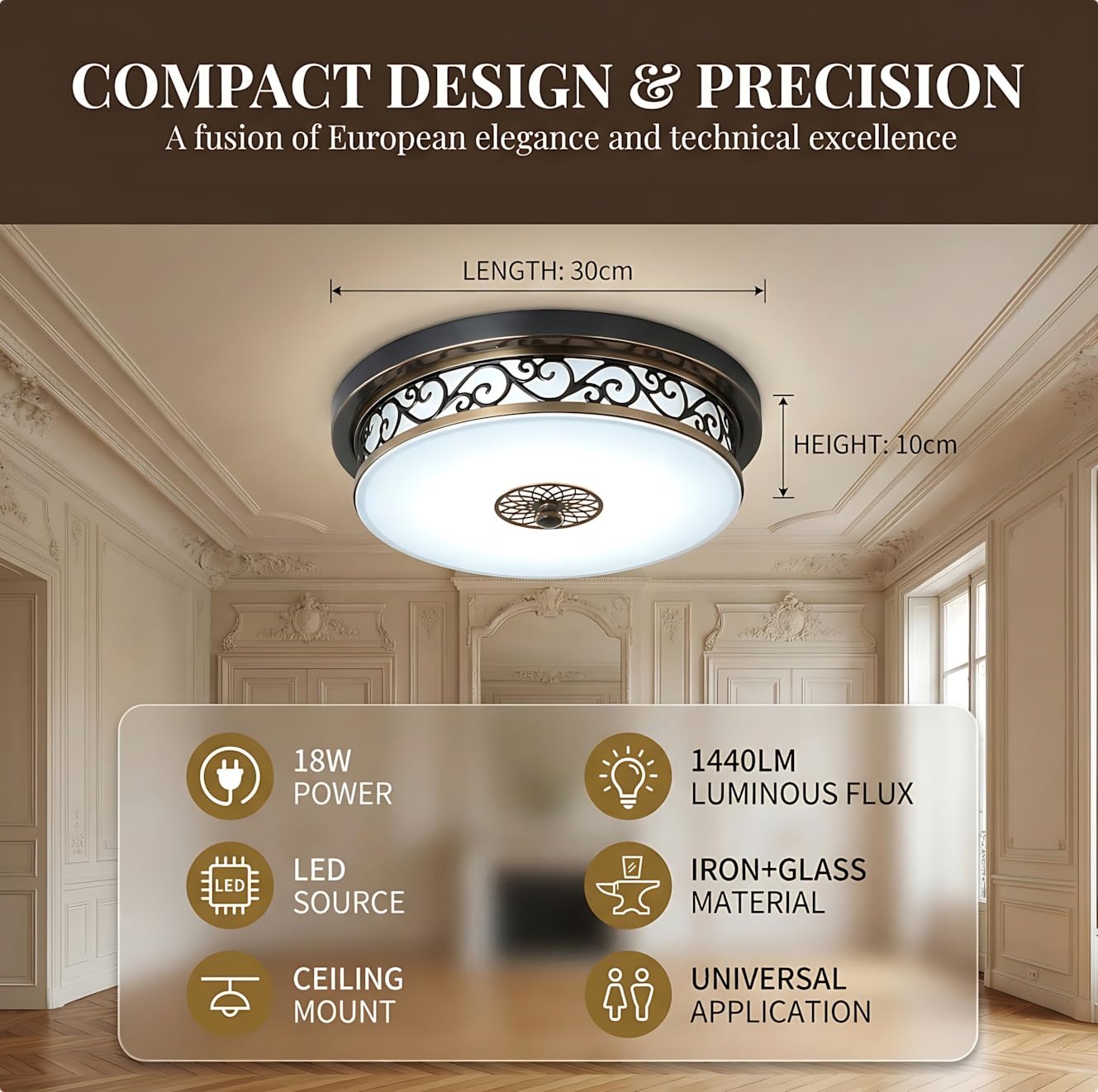 Vintage LED Deckenleuchte Schwarz Gold, Retro Eisen Deckenlampe mit Glasschirm für Gemütliches Schlafzimmer, Dekorative Wohnzimmerlampe Flur Wohnungsdeko(3000K,30CM)
