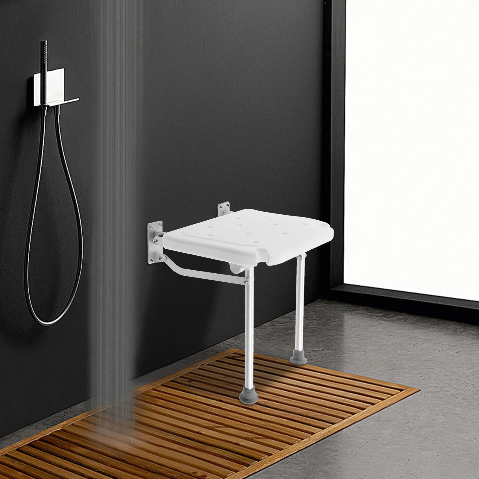 Asiento de ducha plegable para montaje en pared, equipado con un soporte antideslizante, giratorio 90 ° verticalmente, soporta hasta 100 kg, adecuado para personas mayores, embarazadas y otras