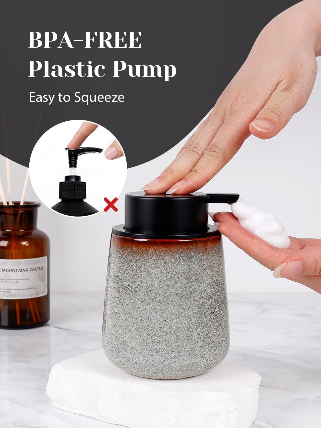 INGOFIN Ceramic Foaming and Liquid Soap Dispenser Set -12oz Foam and Lotion Hand Soap Dispenser Bathroom, Modern Refillable Dish Wash Soap Bottle for Kitchen with Large Pump,Kiln-Glazed White