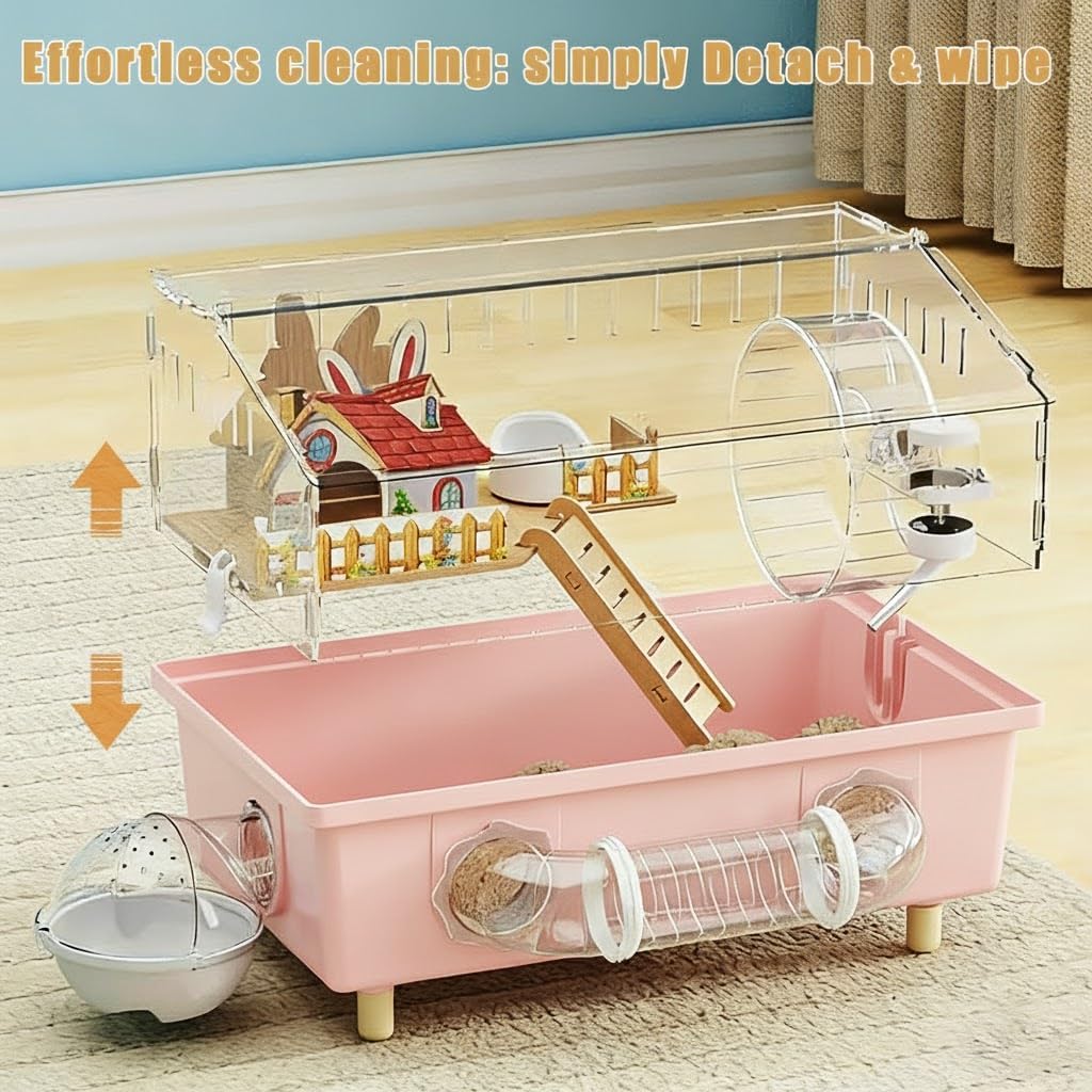 Pink Acrylic Hamster Cage - 18" Small Animal Home with 180° View, Extra Deep 5.5" Base, 8" Silent Wheel & Expansion Ports - for Dwarf Hamsters, Gerbils, Mice